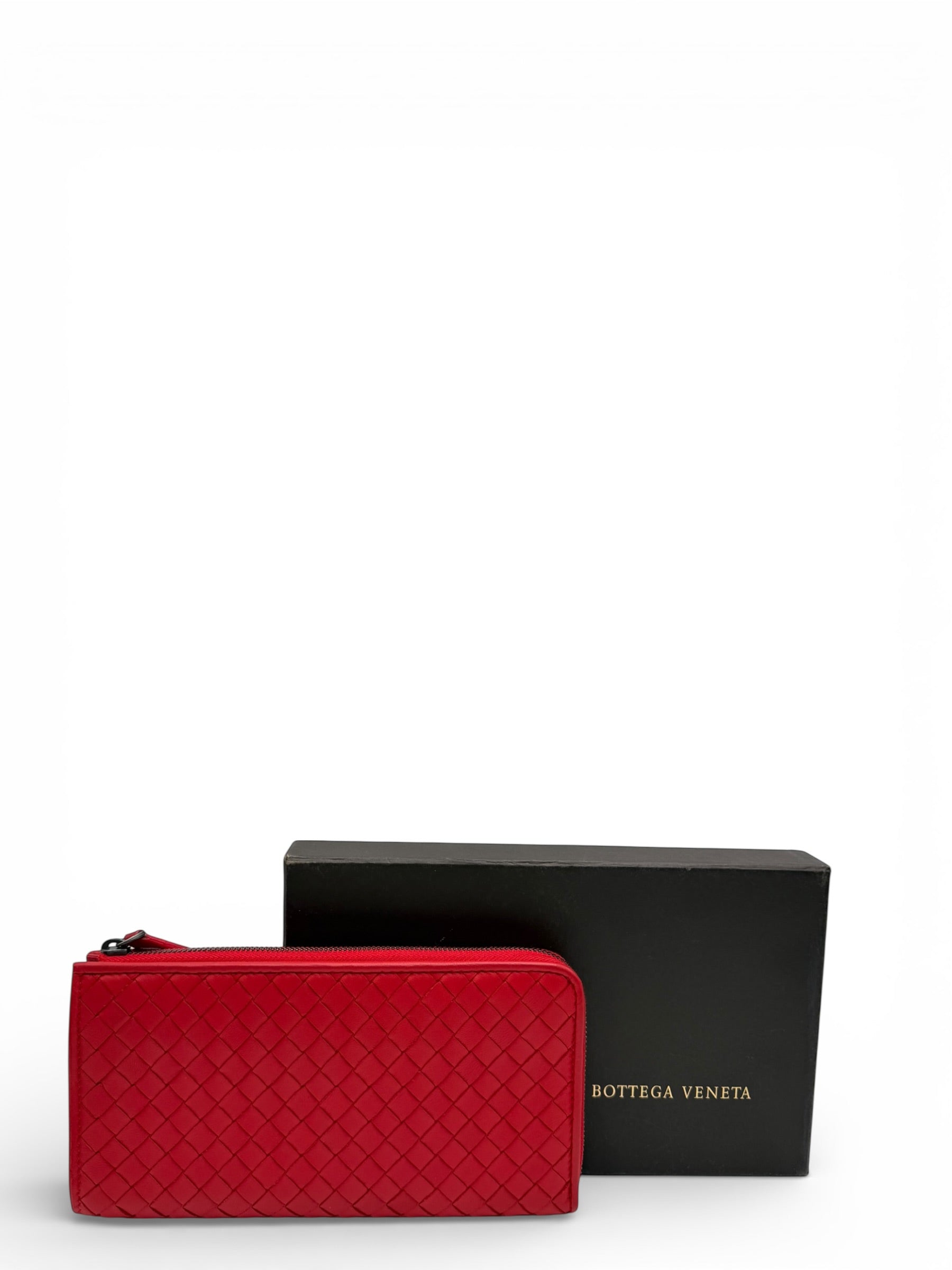 BOTTEGA VENETA RED INTECCIATO WOVEN NAPPA LEATHER ZIP ARROUND WALLET