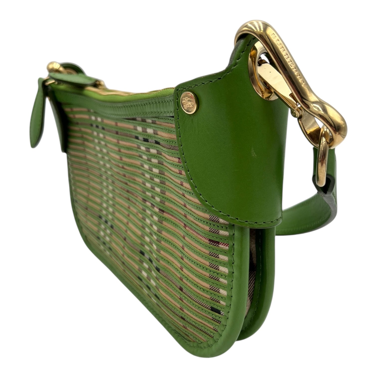 BURBERRY NOVA CHECK LEATHER POCHETTE BAG APPLE GREEN
