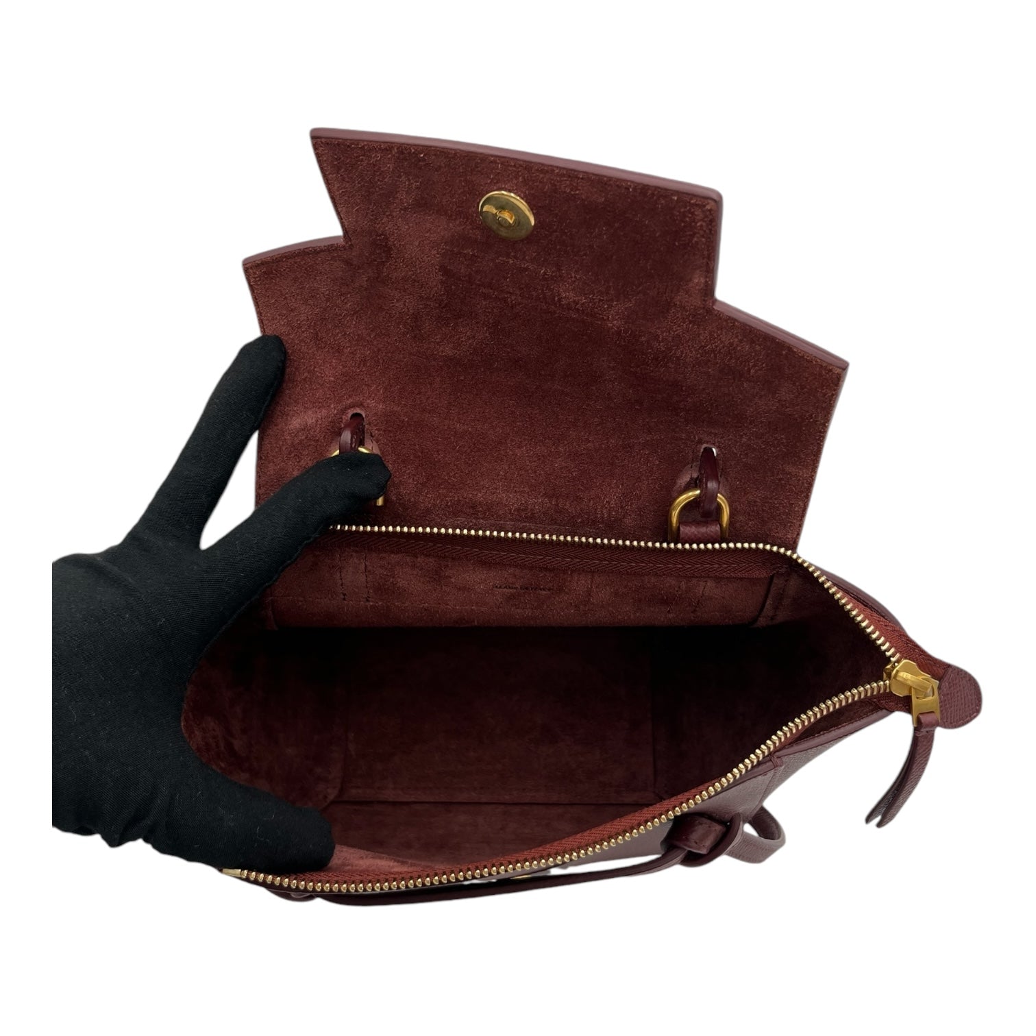 CELINE BELT BAG NANO IN BURGUNDY WITH GOLD HARDWARE