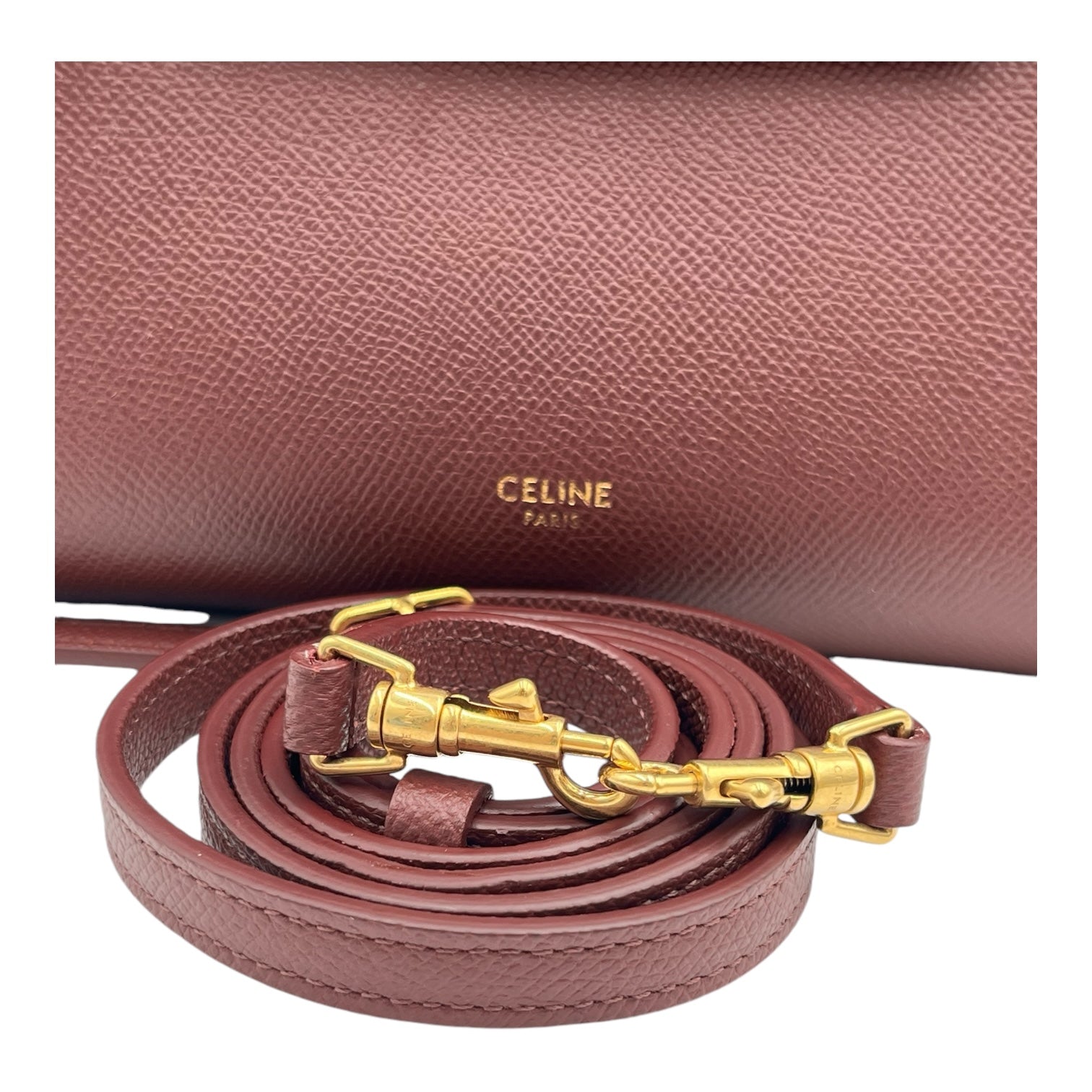 CELINE BELT BAG NANO IN BURGUNDY WITH GOLD HARDWARE