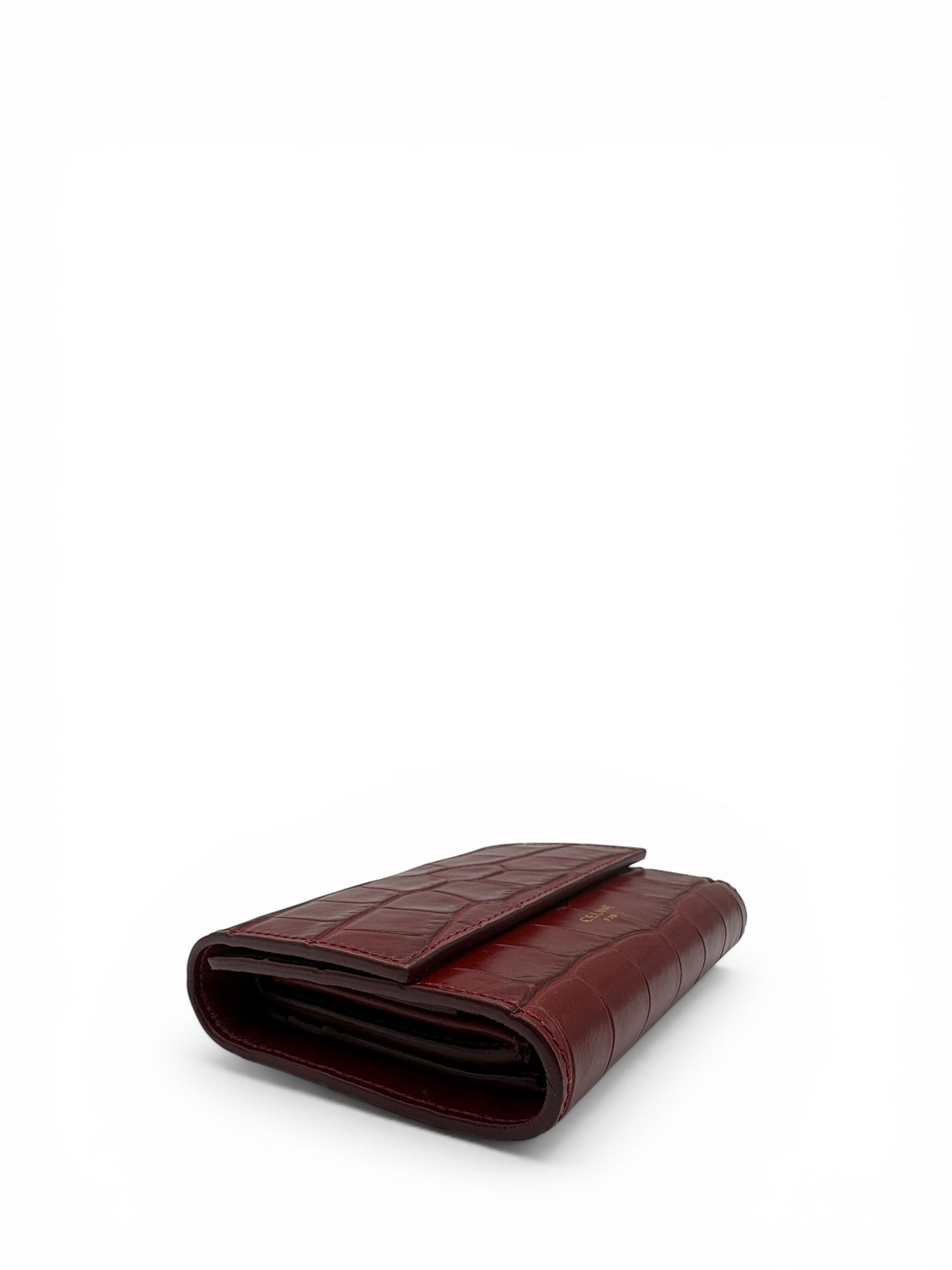 CELINE CROC EMBOSSED BURGUNDY COMPACT WALLET