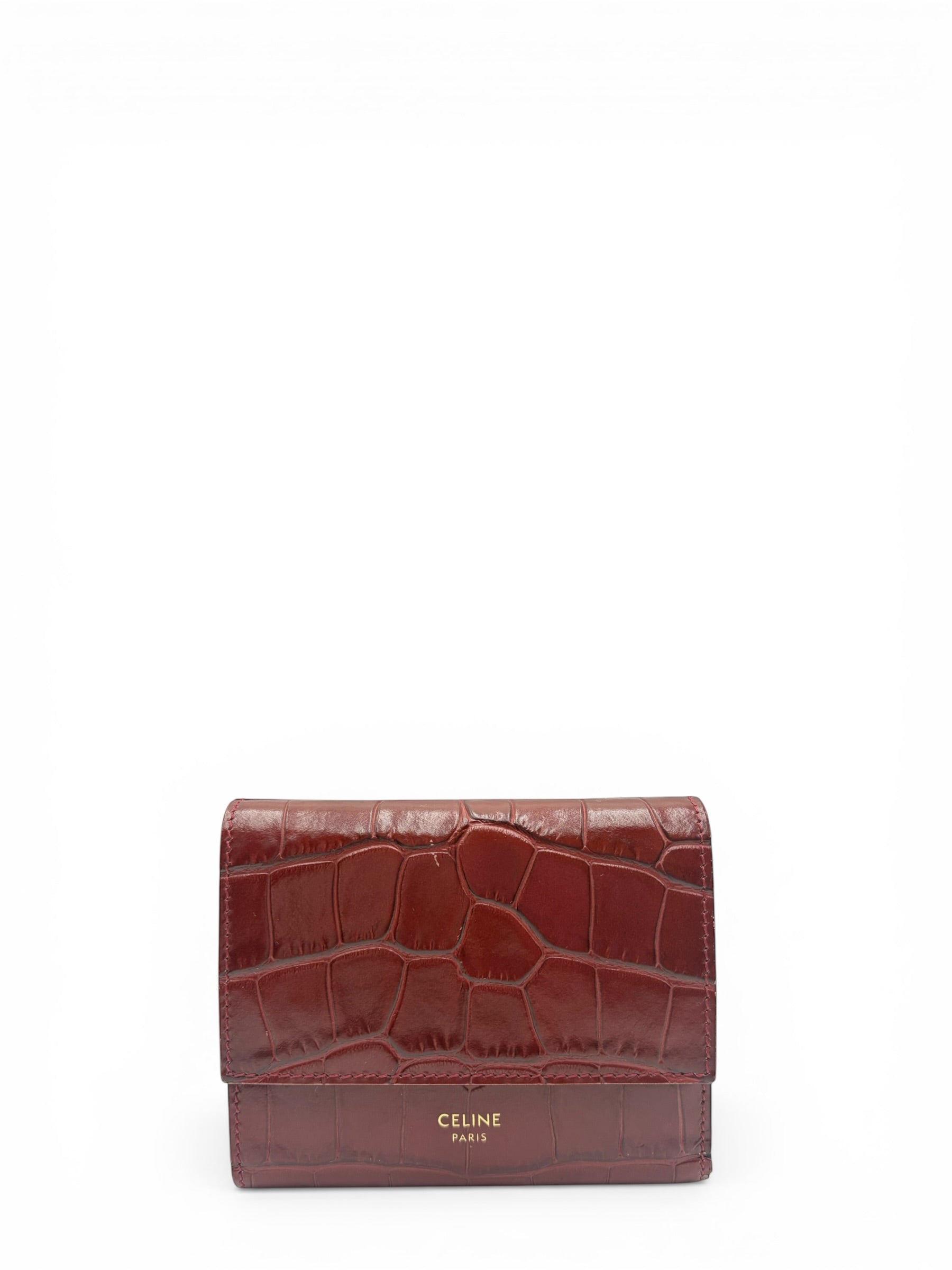 CELINE CROC EMBOSSED BURGUNDY COMPACT WALLET