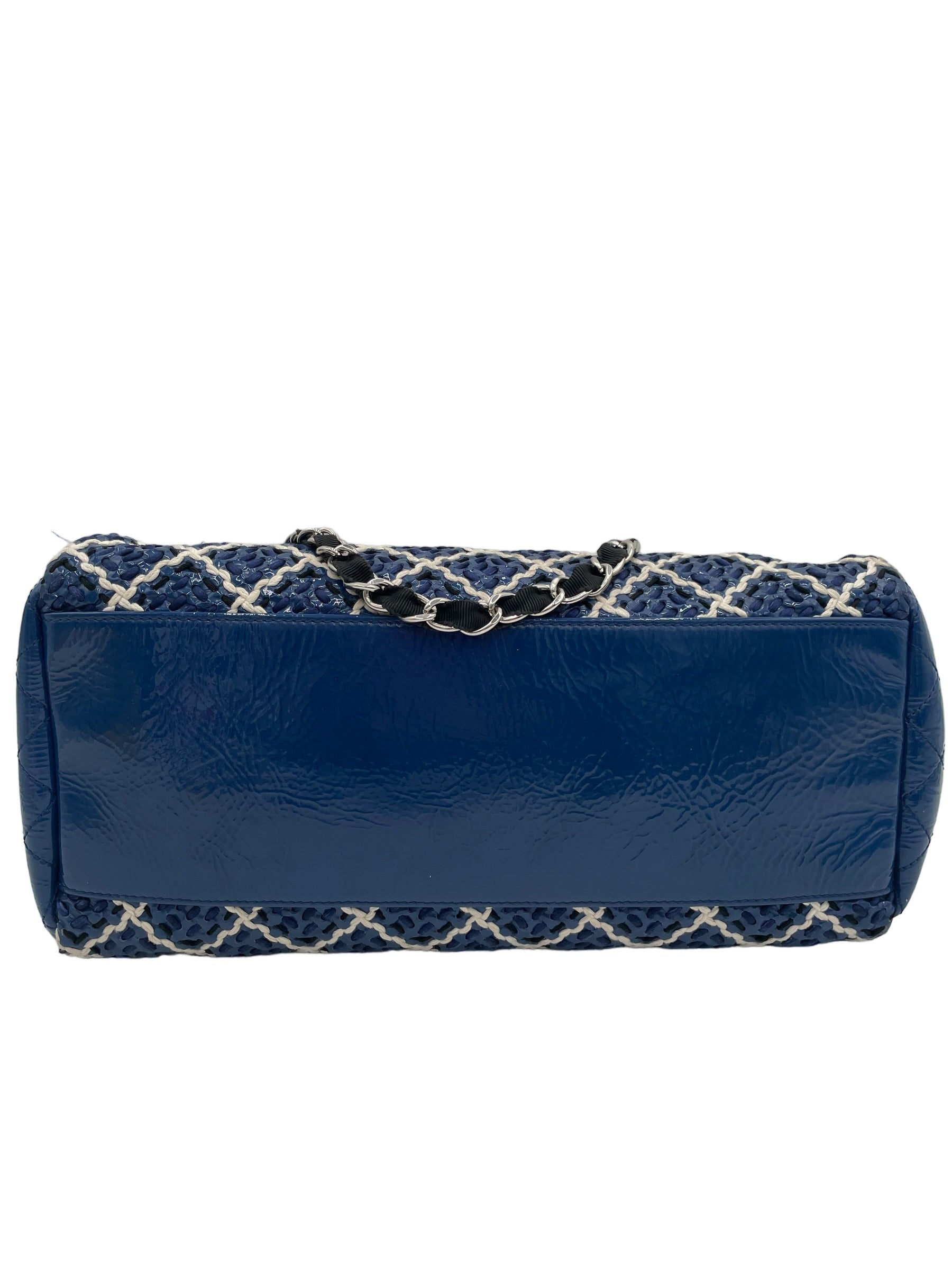 CHANEL BLUE WHITE PATENT LEATHER WOVEN MADEMOISELLE MED BOWLING BAG