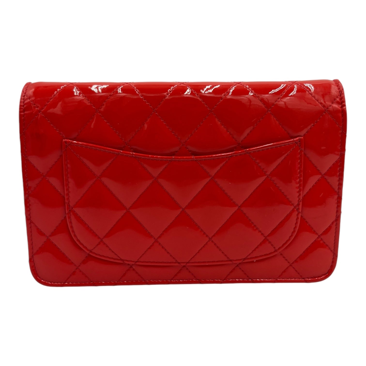 CHANEL ORANGE/RED QUILTED PATENT LEATHER CC WALLET ON CHAIN