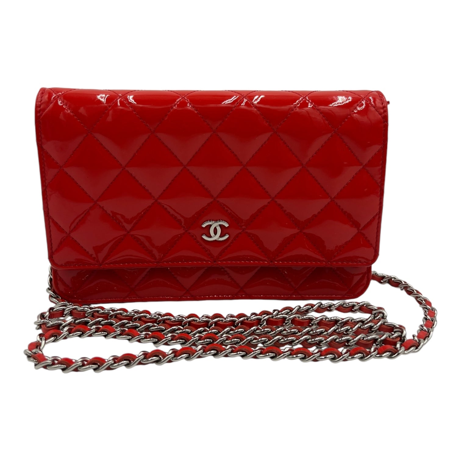 CHANEL ORANGE/RED QUILTED PATENT LEATHER CC WALLET ON CHAIN