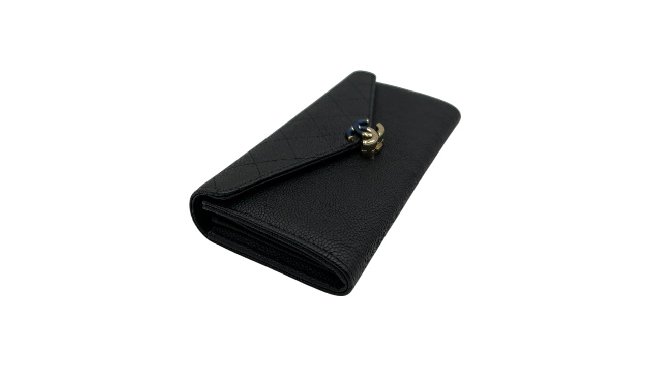 CHANEL BLACK CAVIAR CC WALLET WITH BLACK AND GOLD CC
