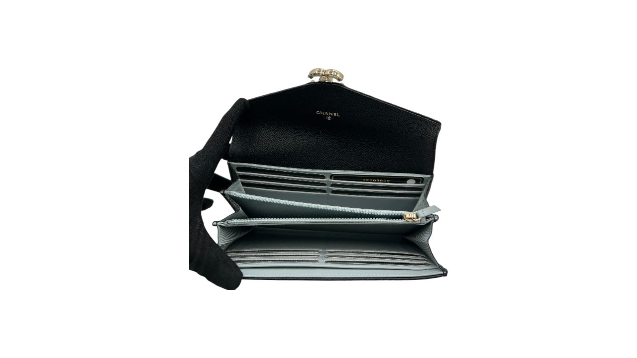 CHANEL BLACK CAVIAR CC WALLET WITH BLACK AND GOLD CC