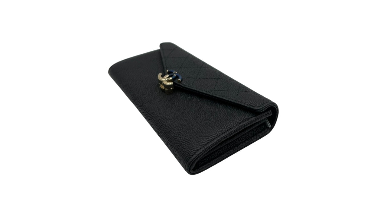 CHANEL BLACK CAVIAR CC WALLET WITH BLACK AND GOLD CC