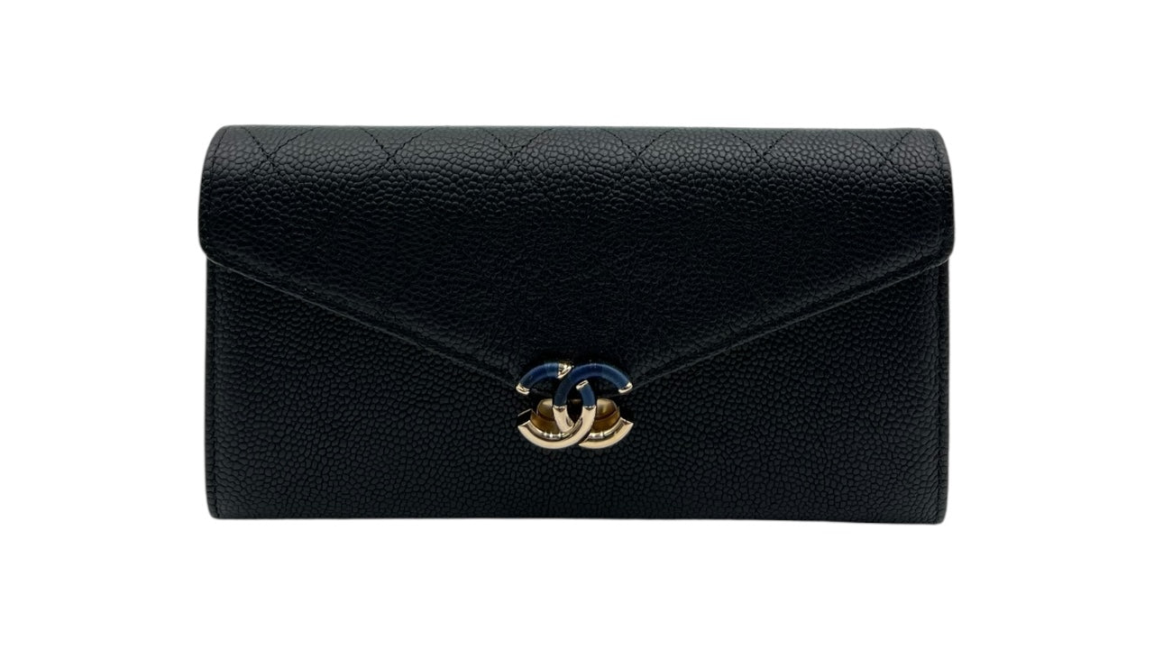 CHANEL BLACK CAVIAR CC WALLET WITH BLACK AND GOLD CC