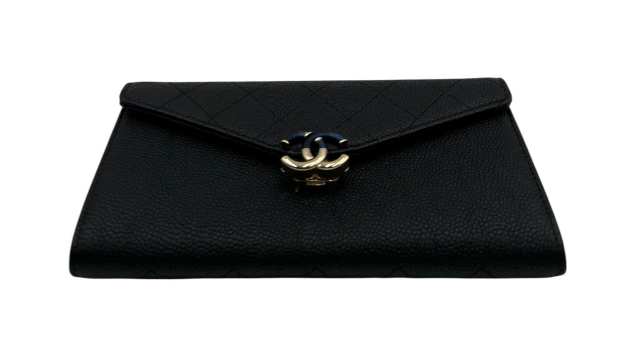 CHANEL BLACK CAVIAR CC WALLET WITH BLACK AND GOLD CC