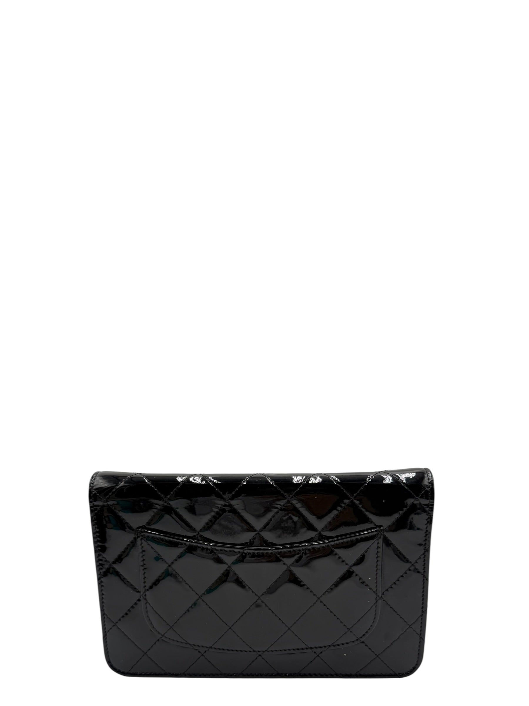 CHANEL BLACK QUILTED PATENT LEATHER CLASSIC WALLET ON CHAIN