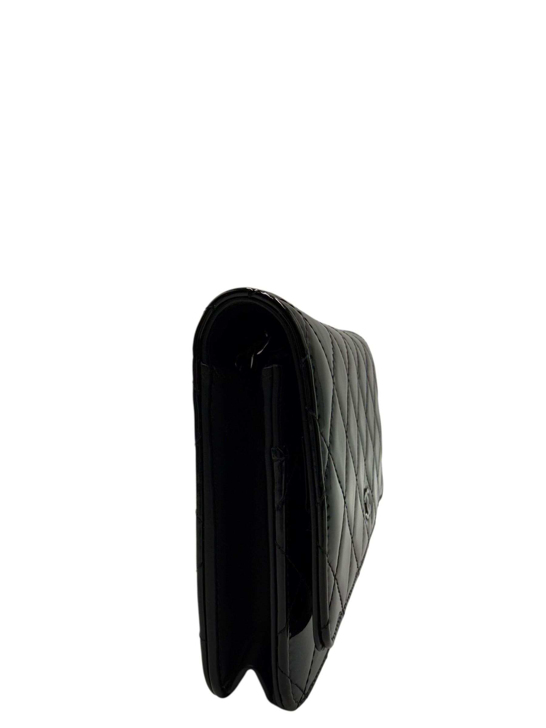 CHANEL BLACK QUILTED PATENT LEATHER CLASSIC WALLET ON CHAIN