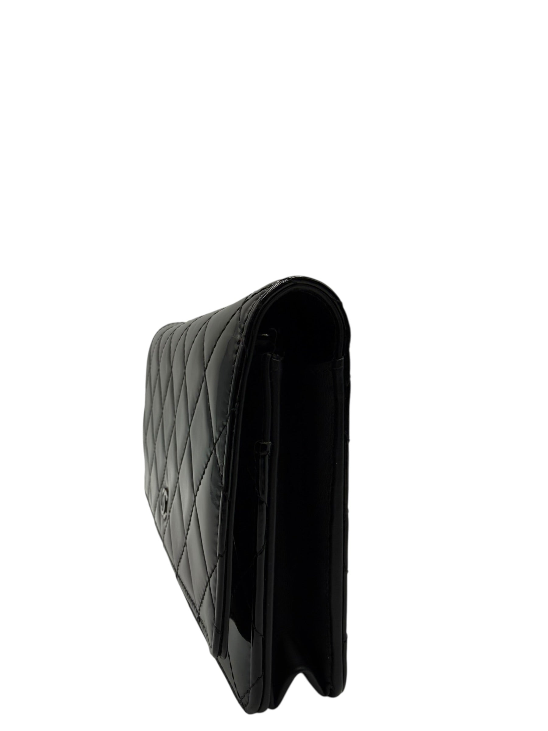 CHANEL BLACK QUILTED PATENT LEATHER CLASSIC WALLET ON CHAIN