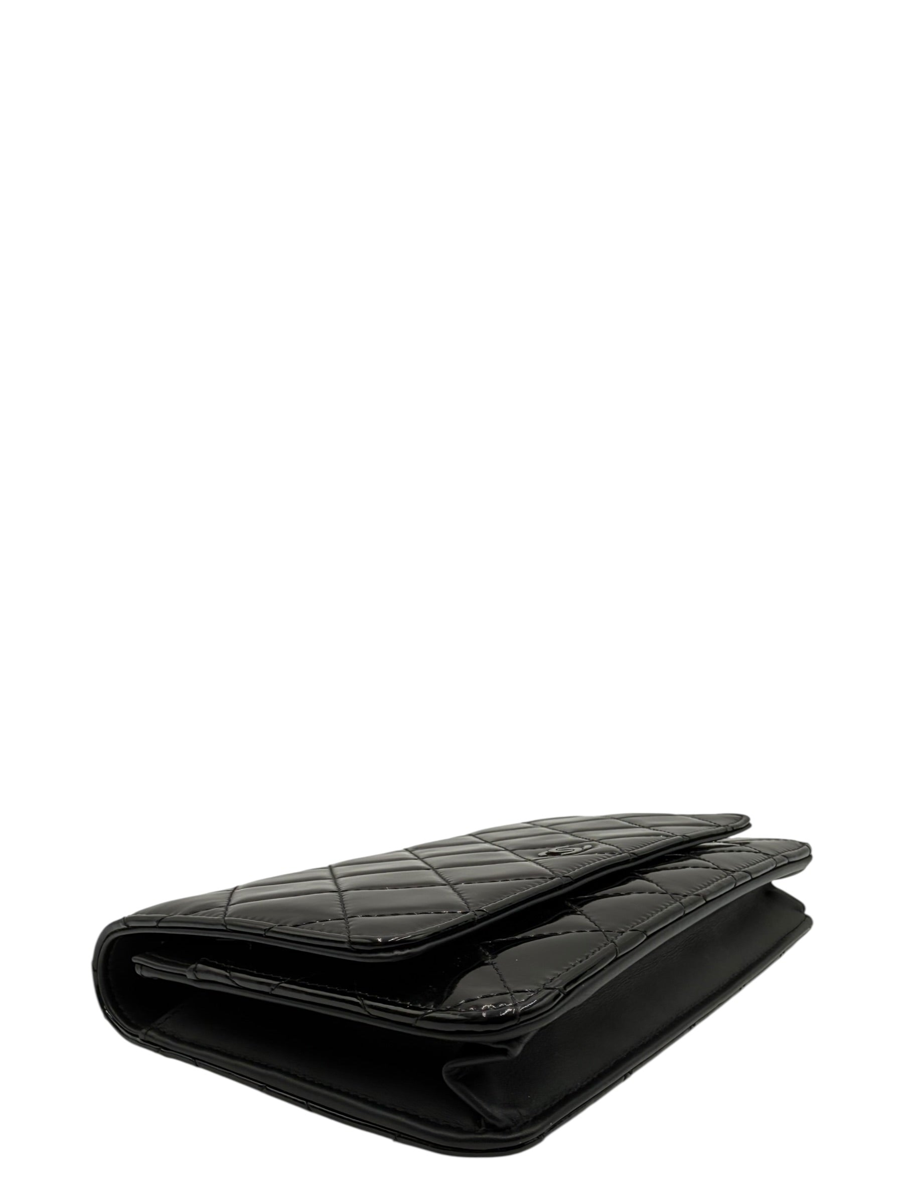 CHANEL BLACK QUILTED PATENT LEATHER CLASSIC WALLET ON CHAIN