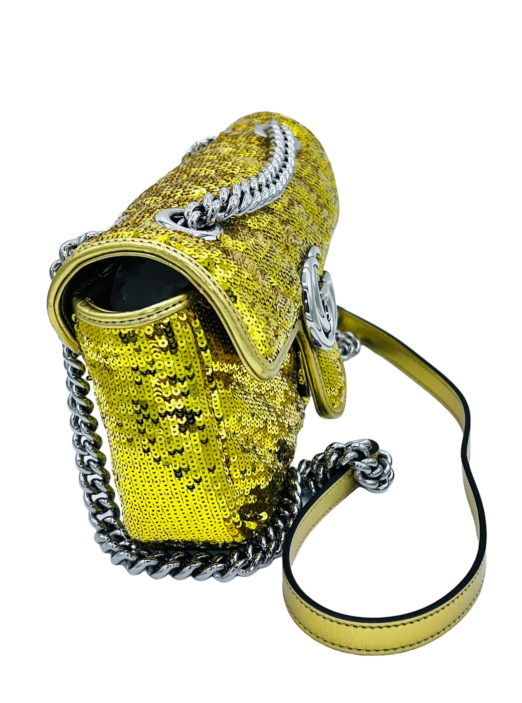 GUCCI-GG MARMONT CHAIN GLITTER GOLD BAG