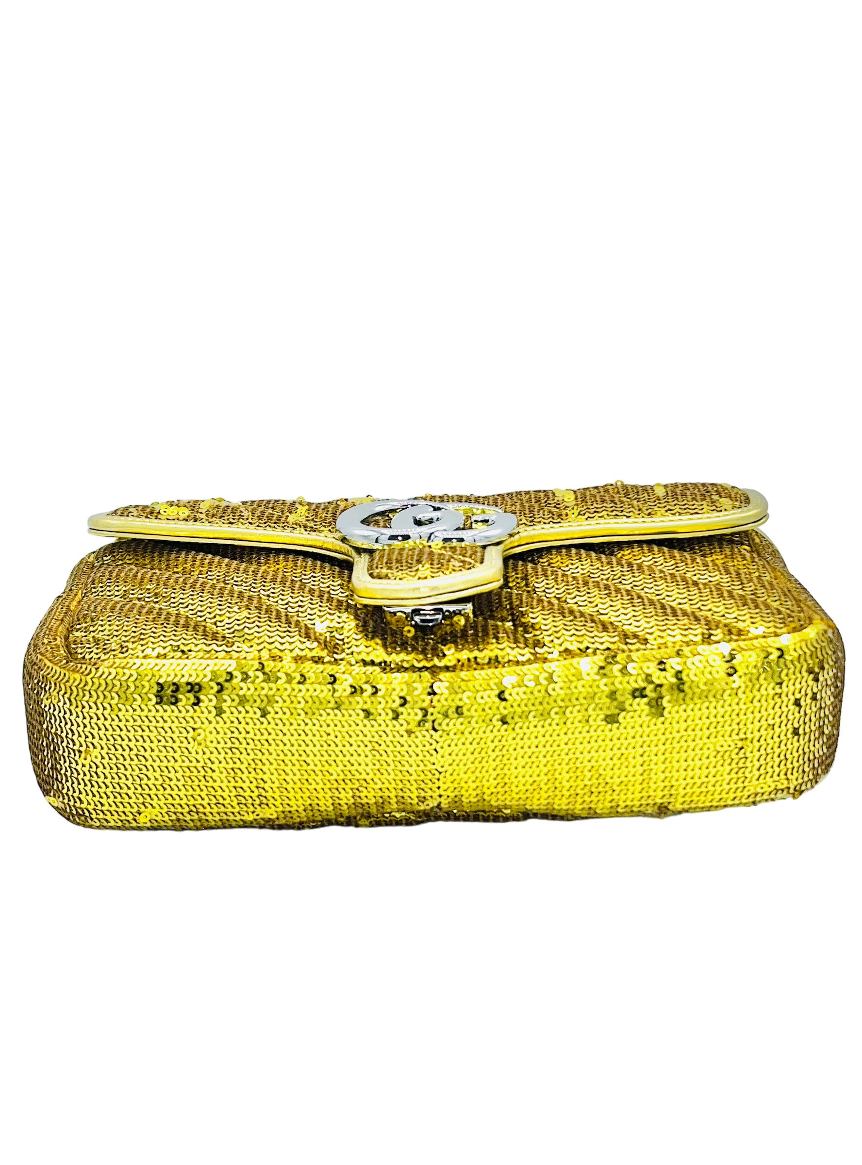 GUCCI-GG MARMONT CHAIN GLITTER GOLD BAG