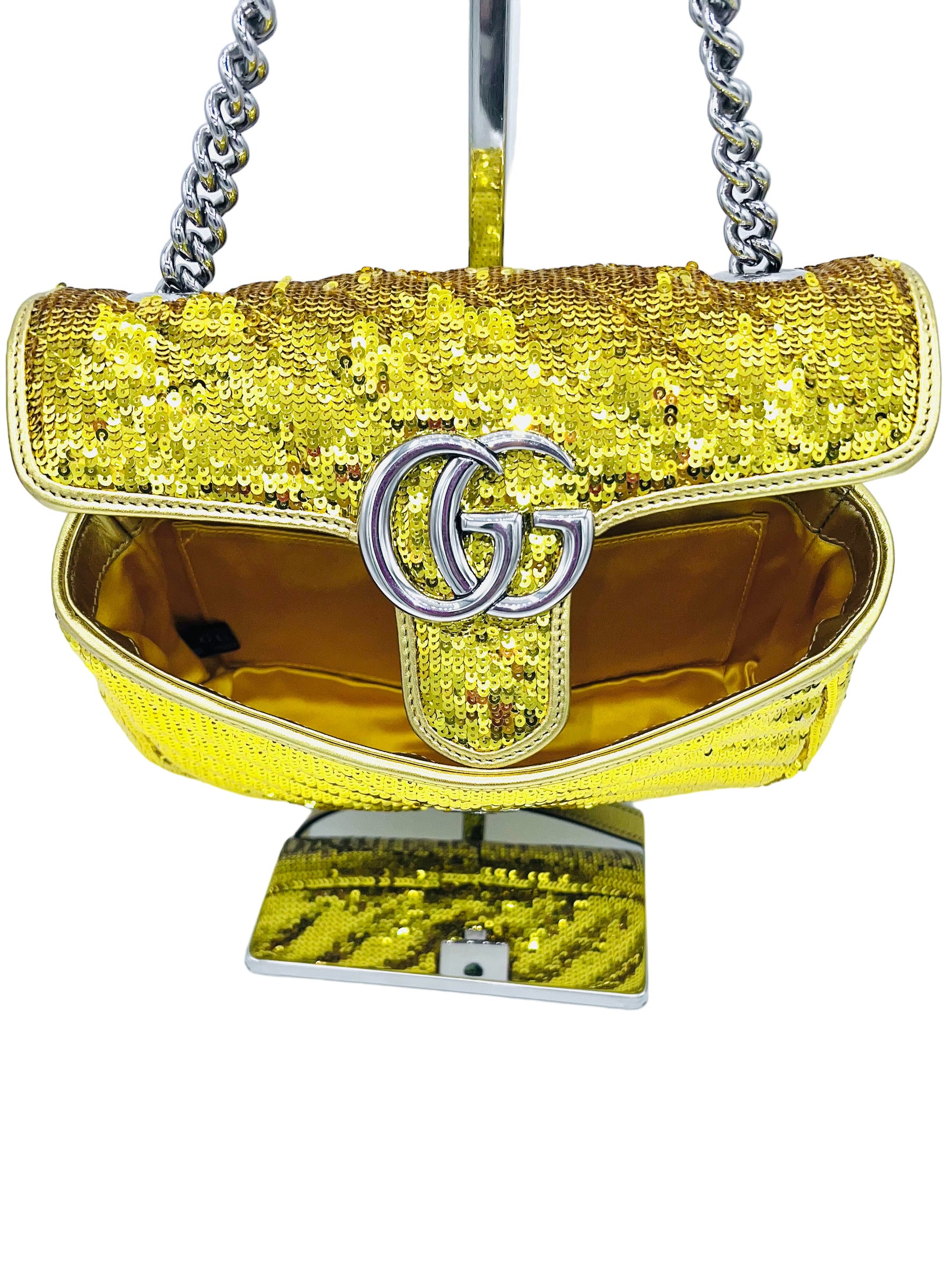 GUCCI-GG MARMONT CHAIN GLITTER GOLD BAG