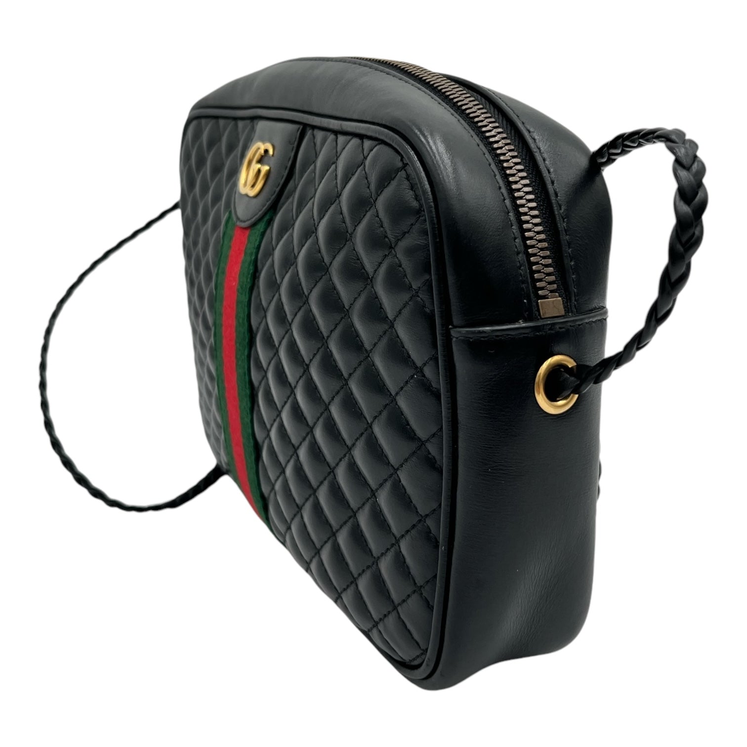 GUCCI  CALFSKIN WEB TRAPUNTATA SMALL GG SHOULDER BAG BLACK