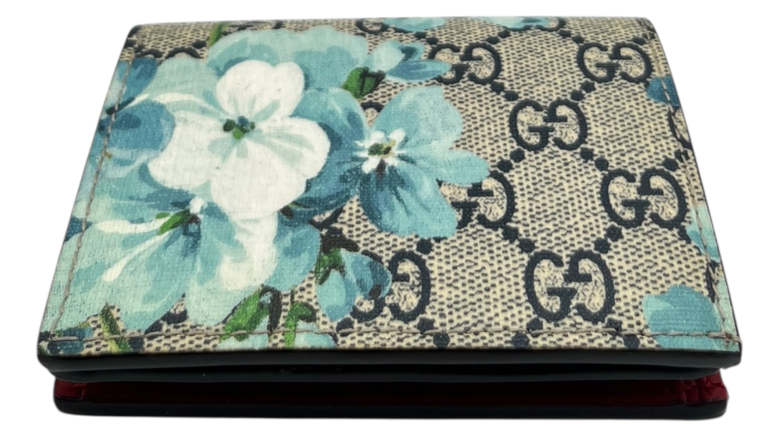 GUCCI GG SUPREME MONOGRAM BLOOMS CARD CASE WALLET BLUE/HIBISCUS RED