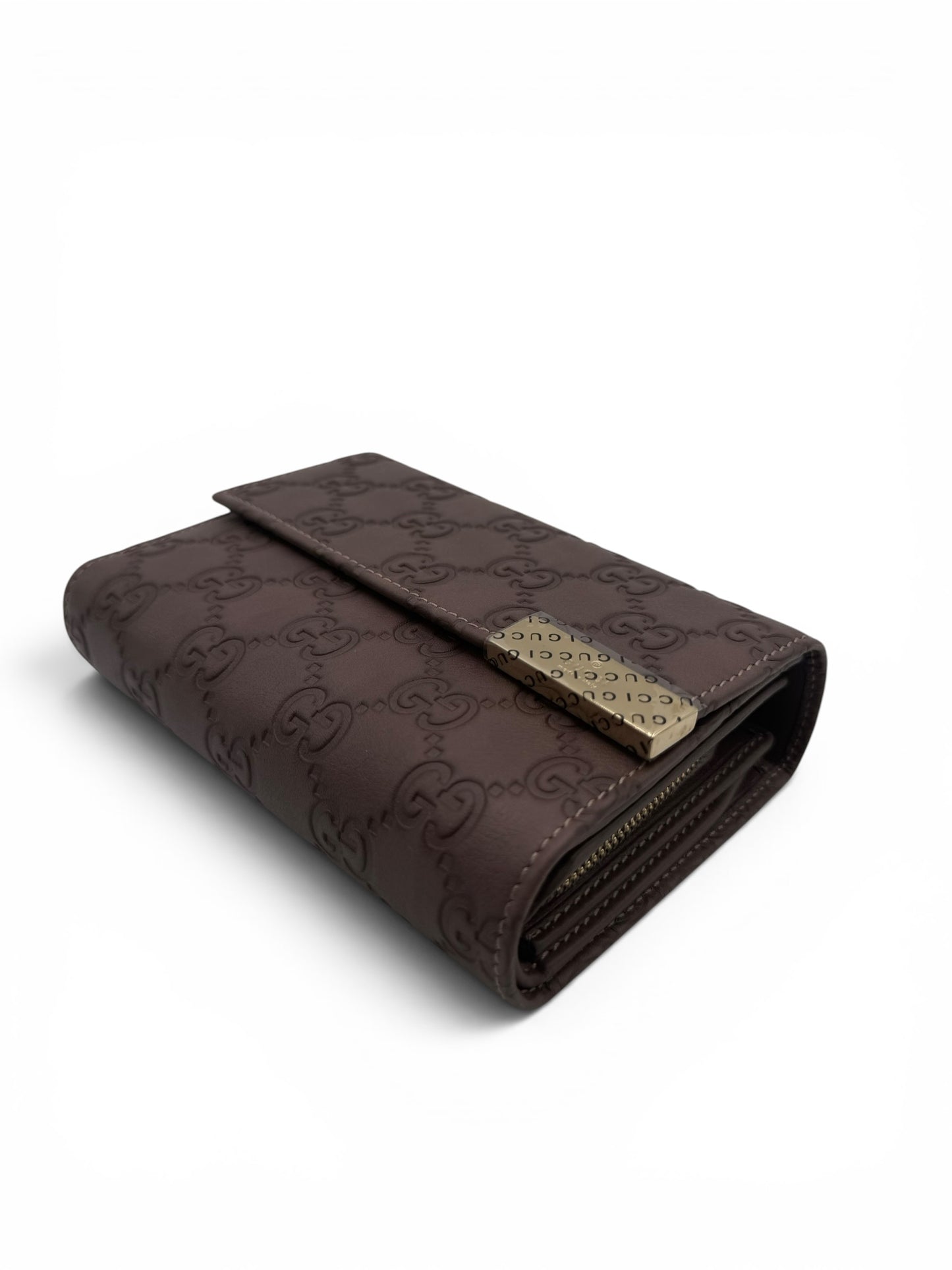 GUCCI GUCCISSIMA LEATHER FLAP FRENCH WALLET IN EGGPLANT
