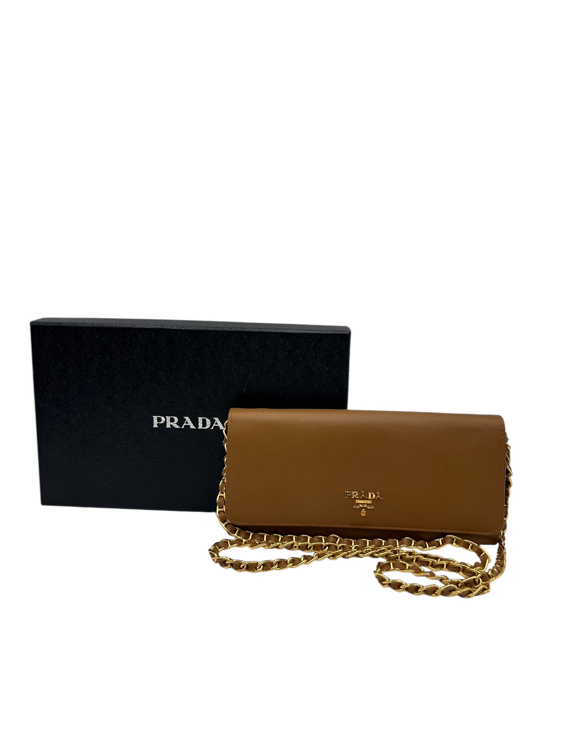 PRADA SAFFIANO WALLET ON CHAIN BROWN
