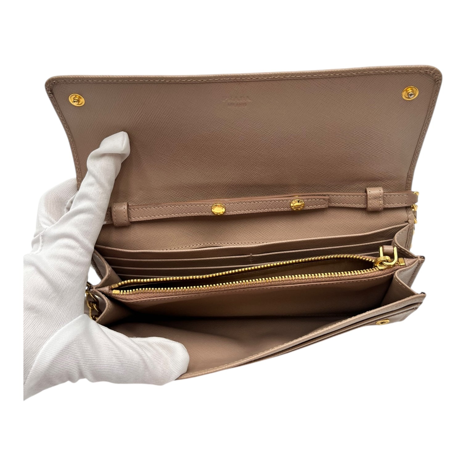 PRADA SAFFIANO LEATHER WALLET ON CHAIN IN TAUPE