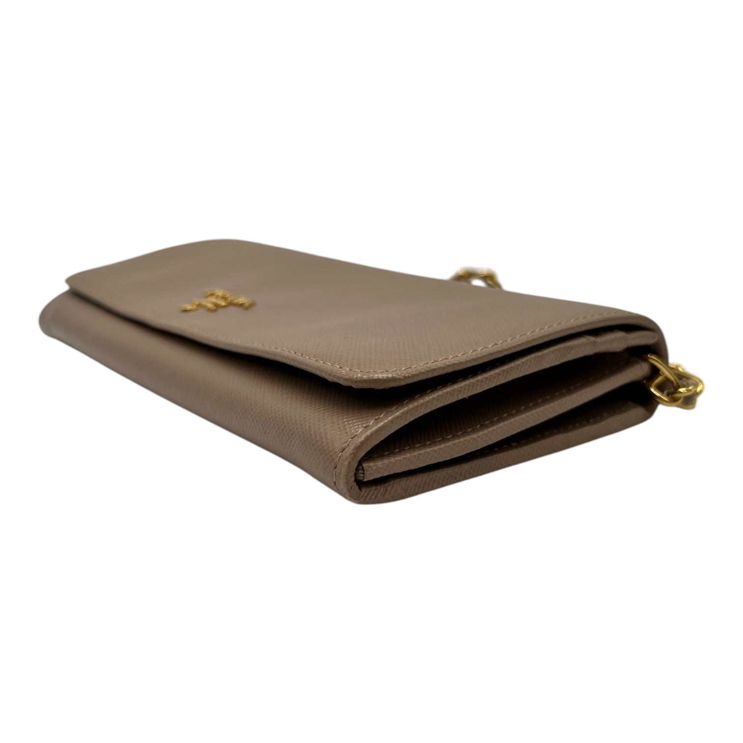 PRADA SAFFIANO LEATHER WALLET ON CHAIN IN TAUPE