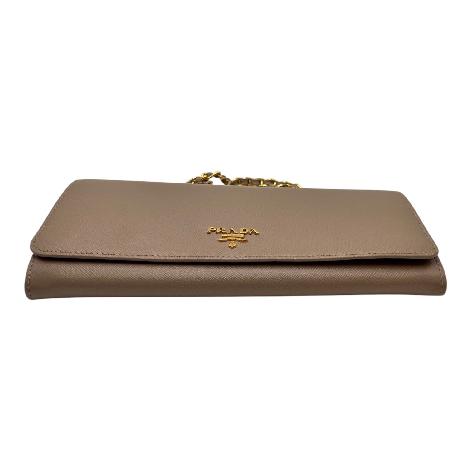 PRADA SAFFIANO LEATHER WALLET ON CHAIN IN TAUPE