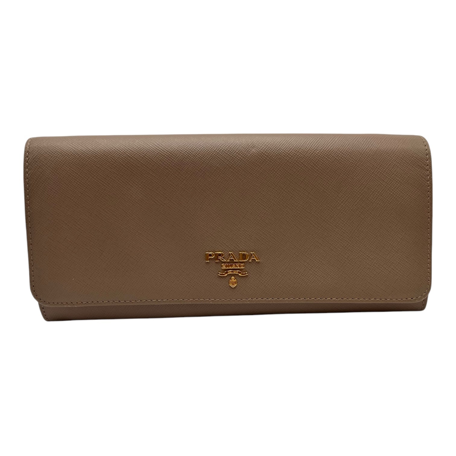 PRADA SAFFIANO LEATHER WALLET ON CHAIN IN TAUPE