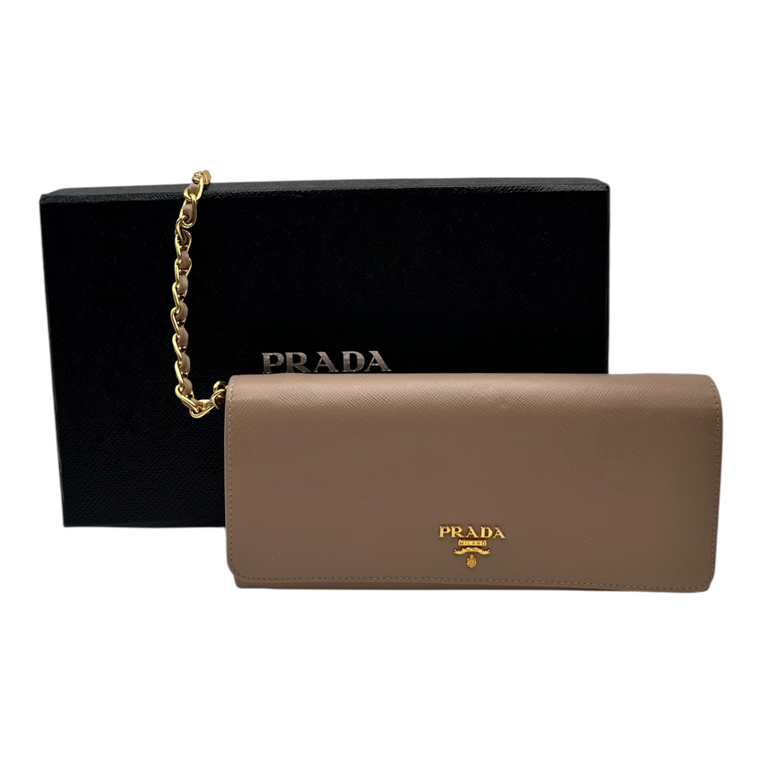PRADA SAFFIANO LEATHER WALLET ON CHAIN IN TAUPE