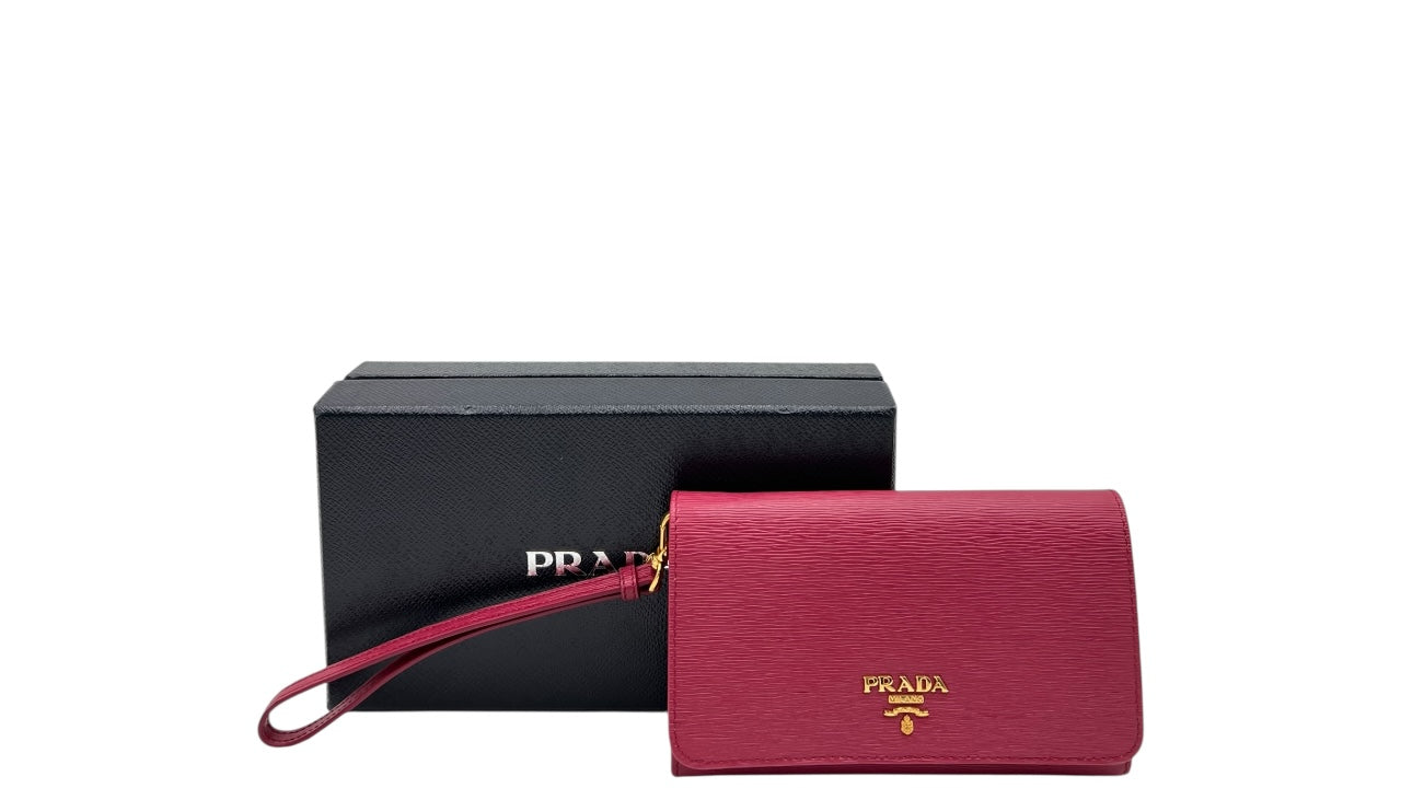 PRADA PEONIA SAFFIANO METAL LEATHER WRISTLET WALLET
