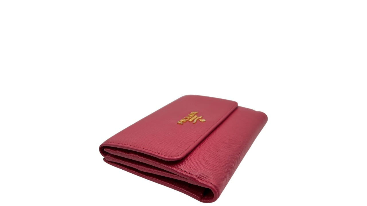 PRADA SAFFIANO LEATHER FRENCH WALLET WITH FOLD OVER CLASP PINK