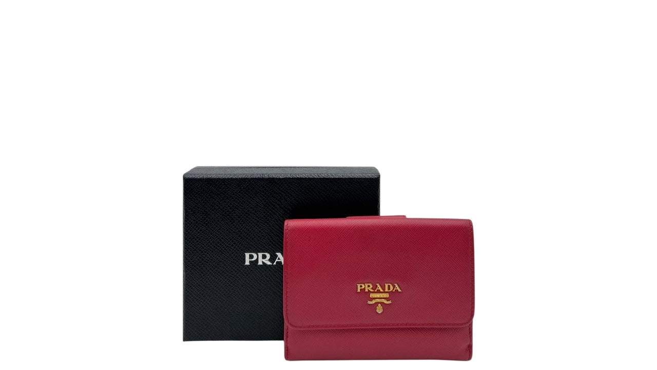 PRADA SAFFIANO LEATHER FRENCH WALLET WITH FOLD OVER CLASP PINK