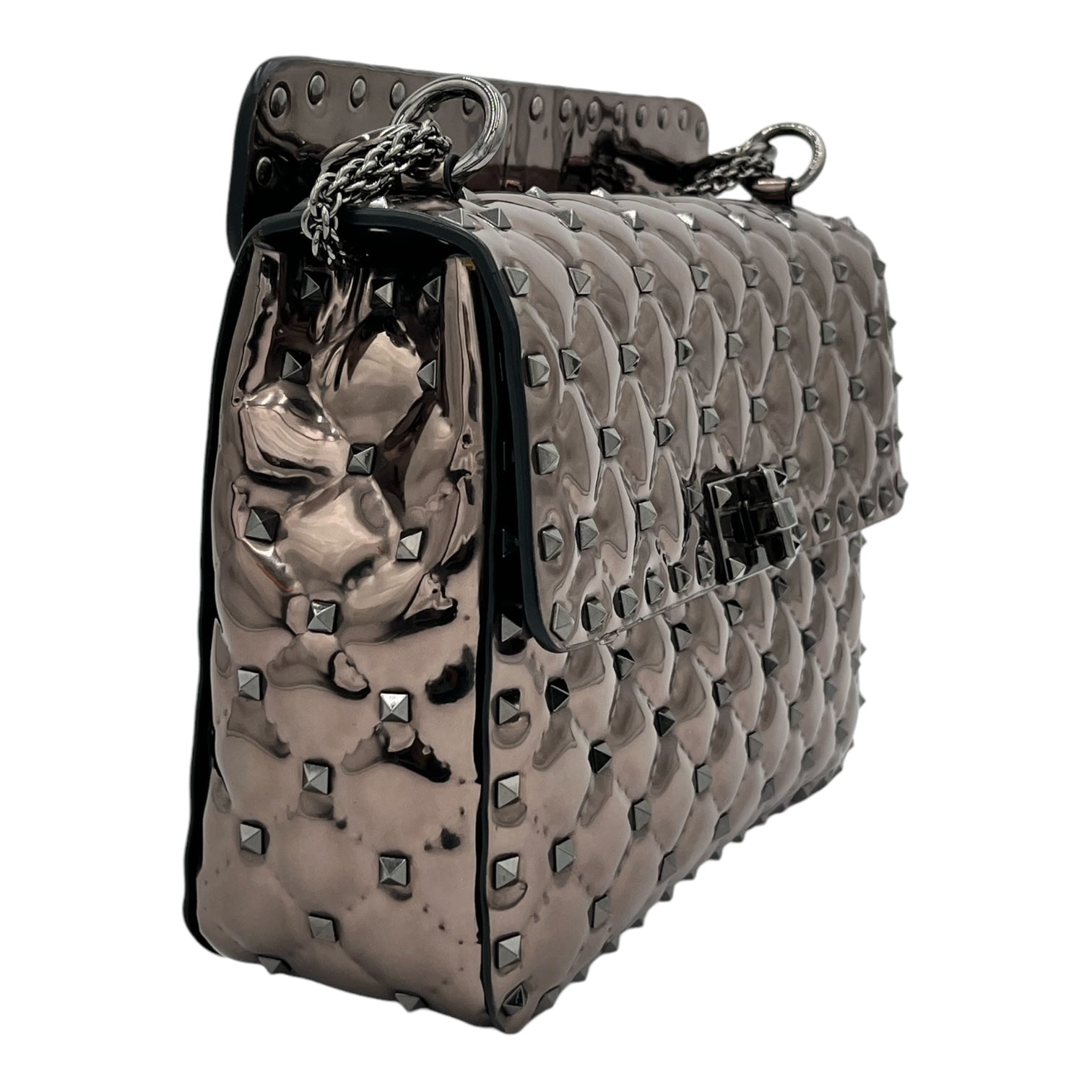 VALENTINO GARAVANI METALLIC PATENT MEDIUM ROCKSTUD SPIKE SHOULDER BAG RUTENIO