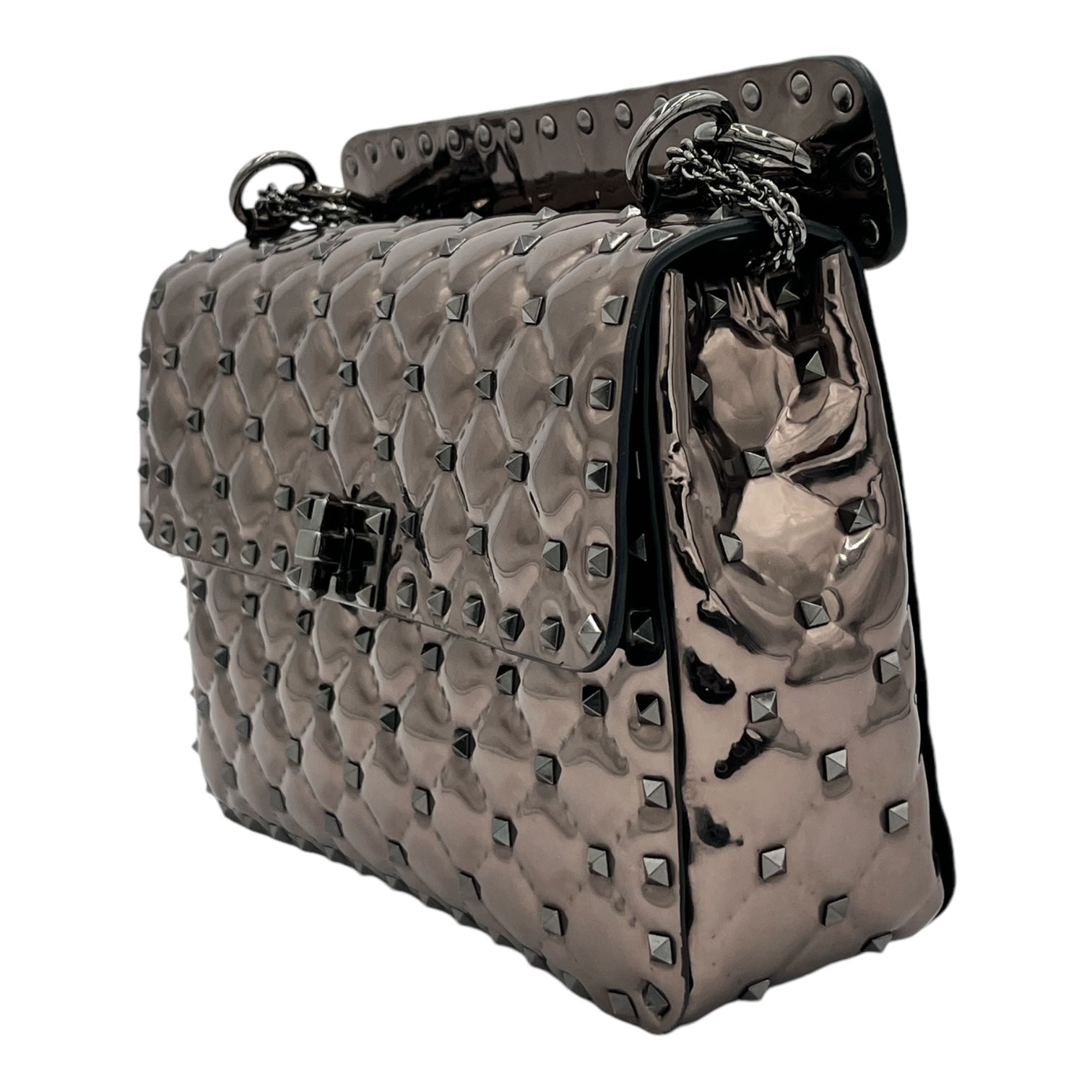 VALENTINO GARAVANI METALLIC PATENT MEDIUM ROCKSTUD SPIKE SHOULDER BAG RUTENIO