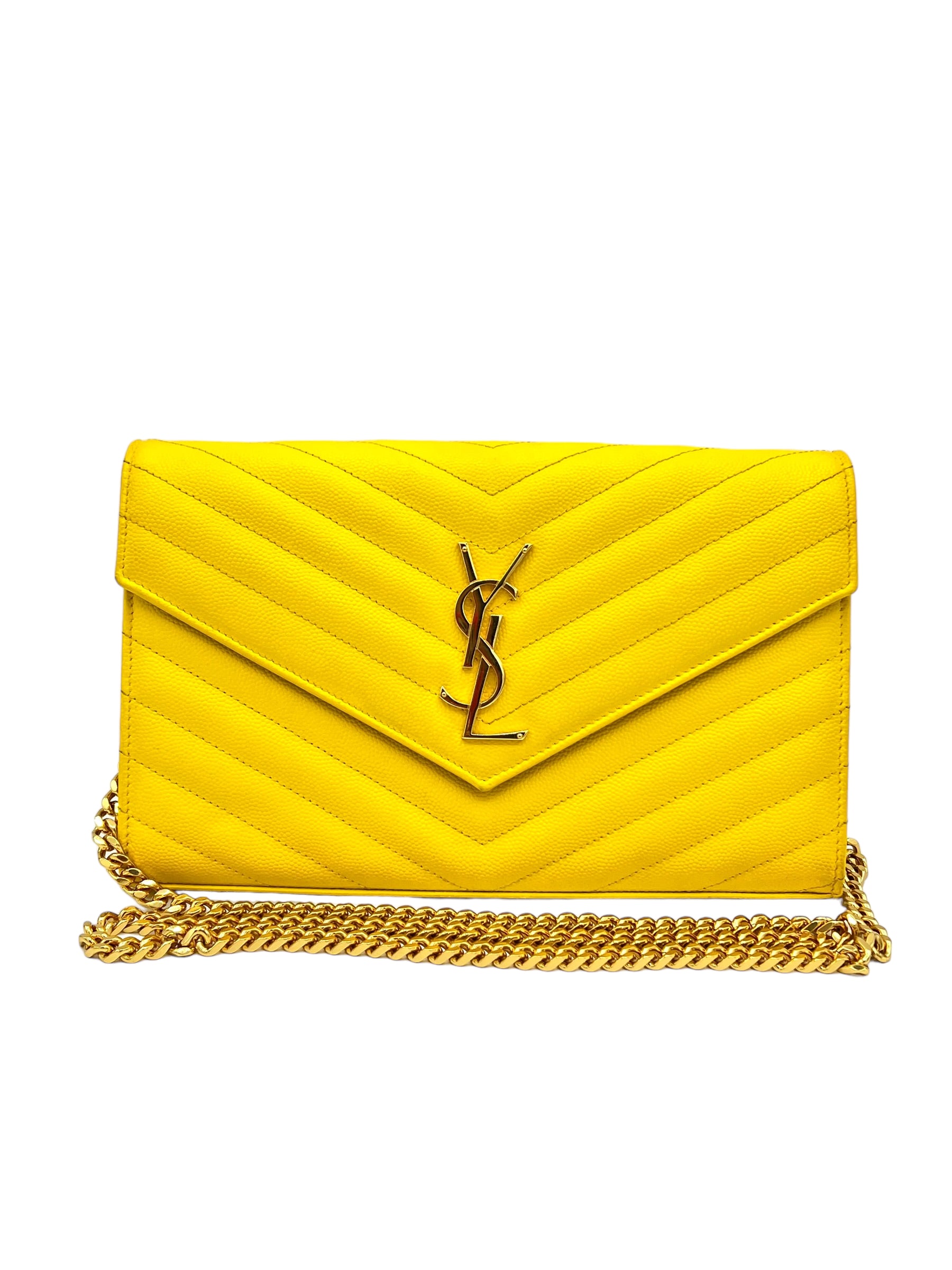 YSL CASSANDRA MATELASSE LEATHER WALLET ON A CHAIN YELLOW
