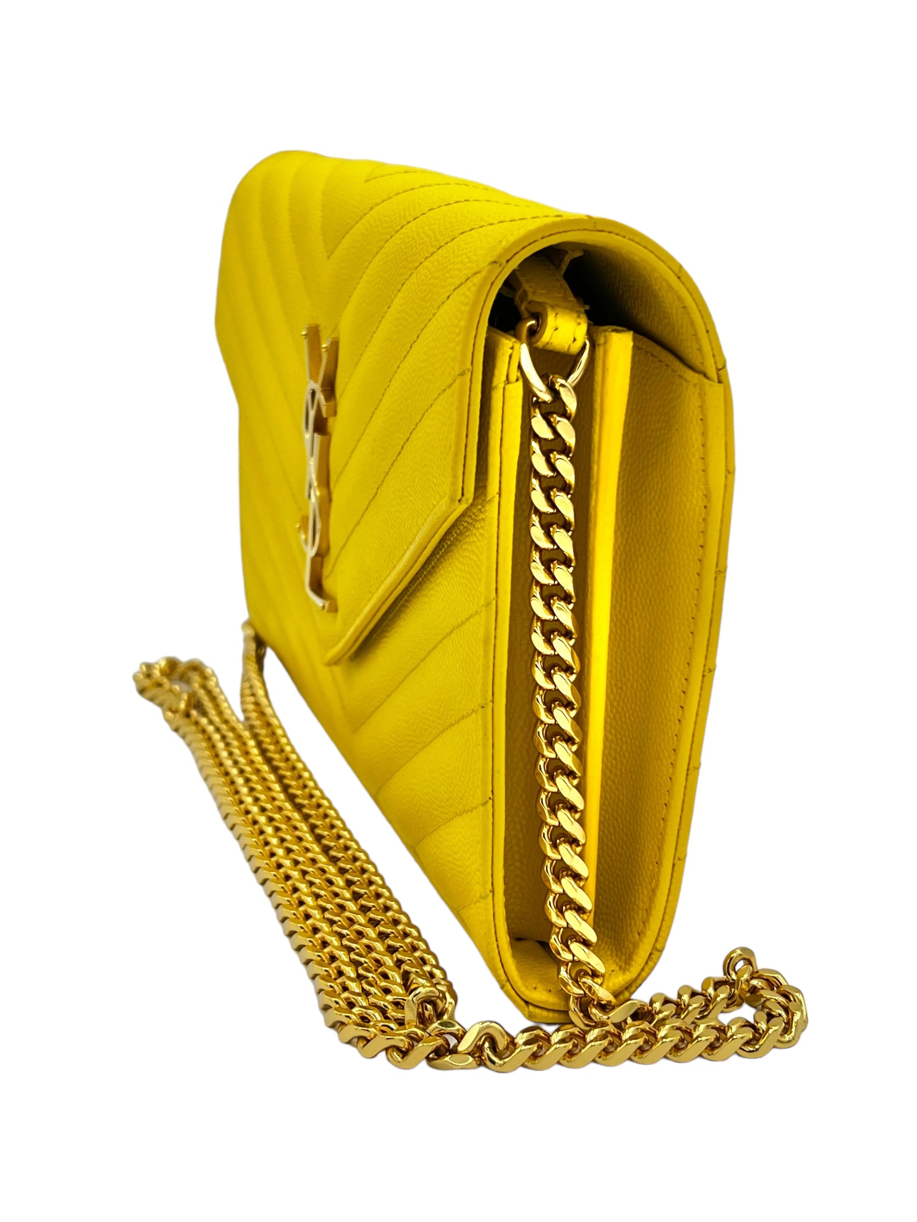 YSL CASSANDRA MATELASSE LEATHER WALLET ON A CHAIN YELLOW
