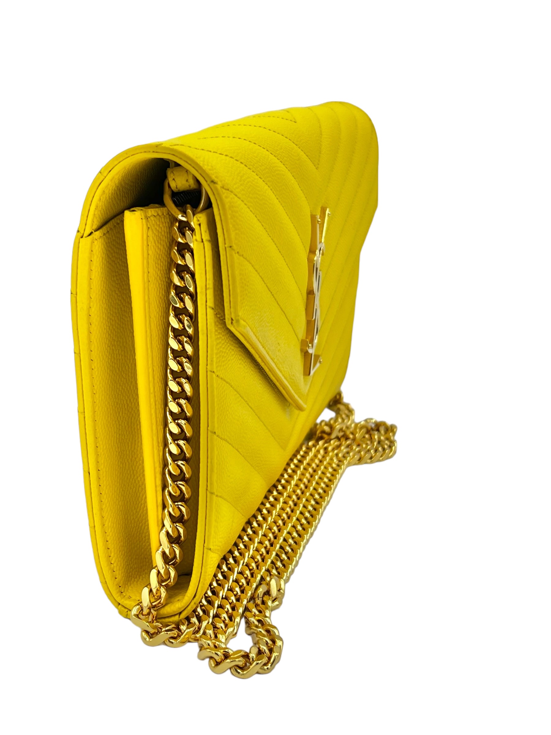 YSL CASSANDRA MATELASSE LEATHER WALLET ON A CHAIN YELLOW