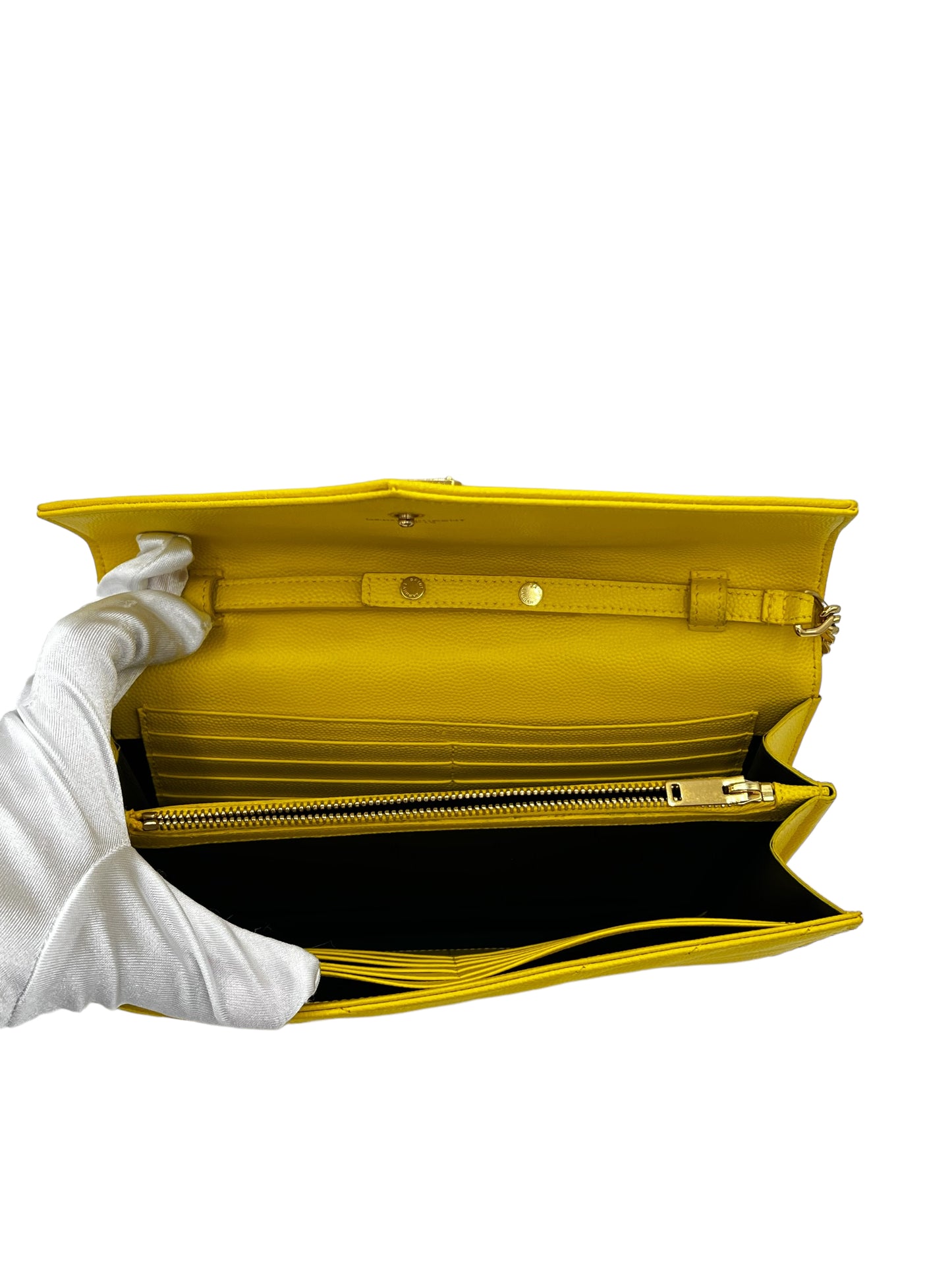 YSL CASSANDRA MATELASSE LEATHER WALLET ON A CHAIN YELLOW