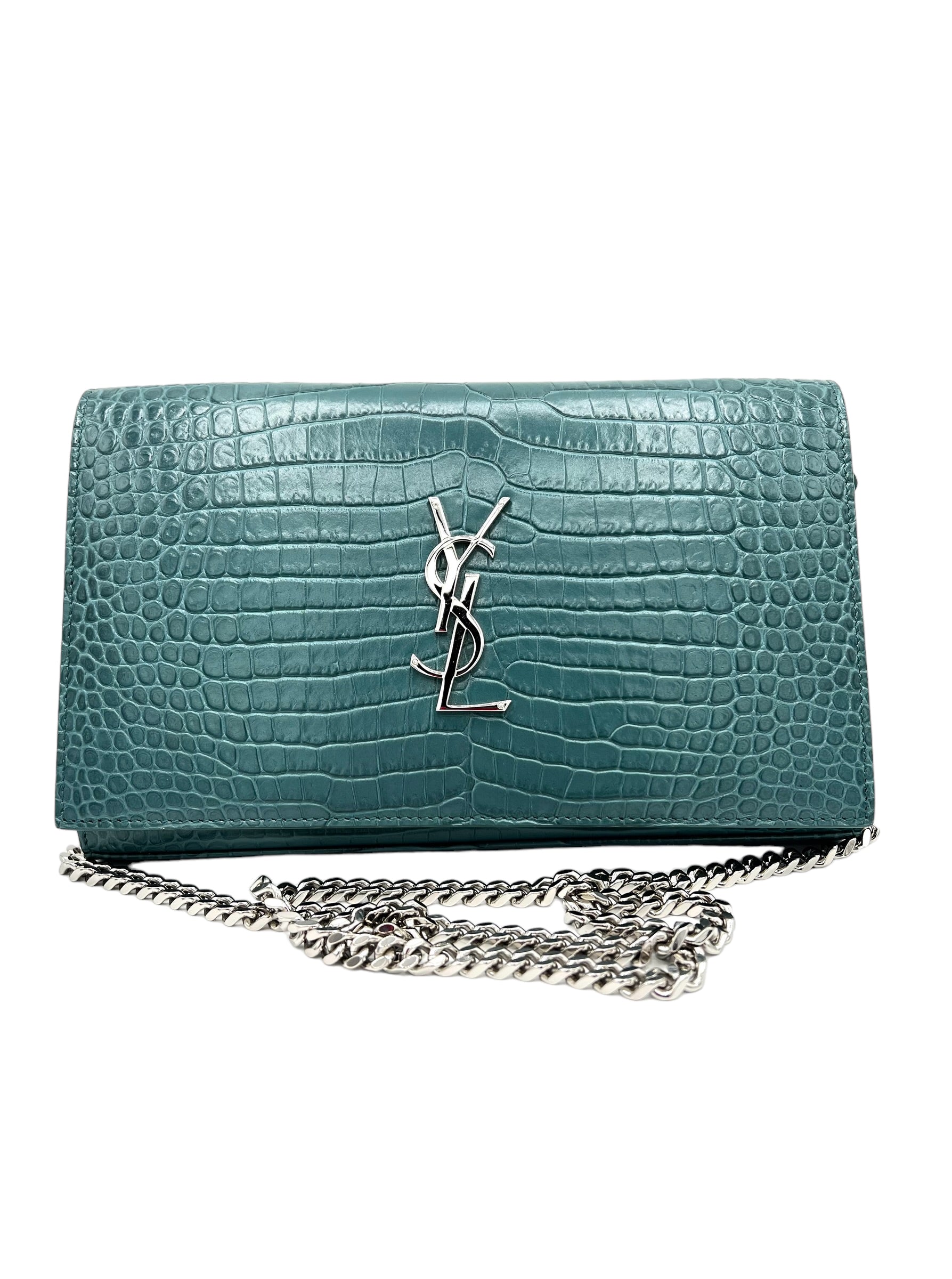 YVES SAINT LAURENT KATE CROCODILE-EMBOSSED MINT GREEN WOC