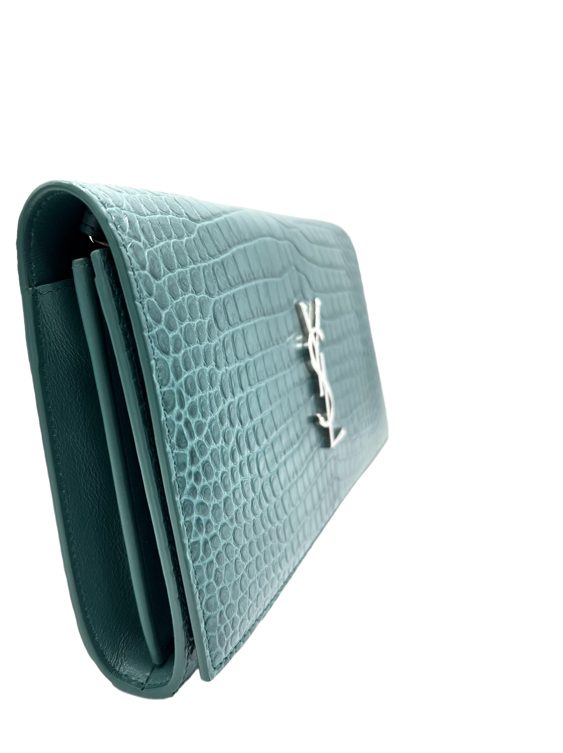 YVES SAINT LAURENT KATE CROCODILE-EMBOSSED MINT GREEN WOC