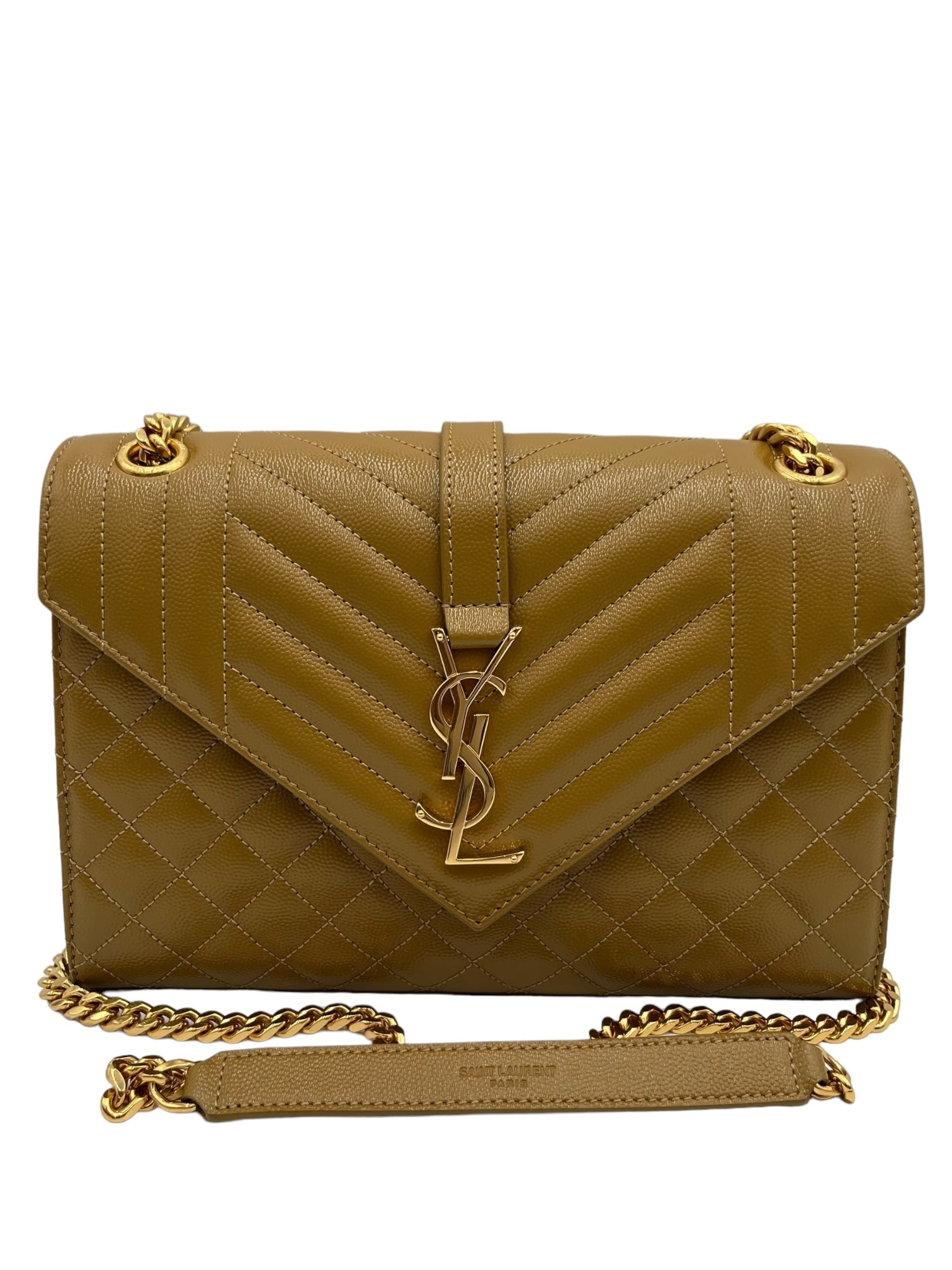 YSL MEDIUM QUILTED GRAIN DE POUDRE GOLDEN OLIVE GOLD HARDWARE