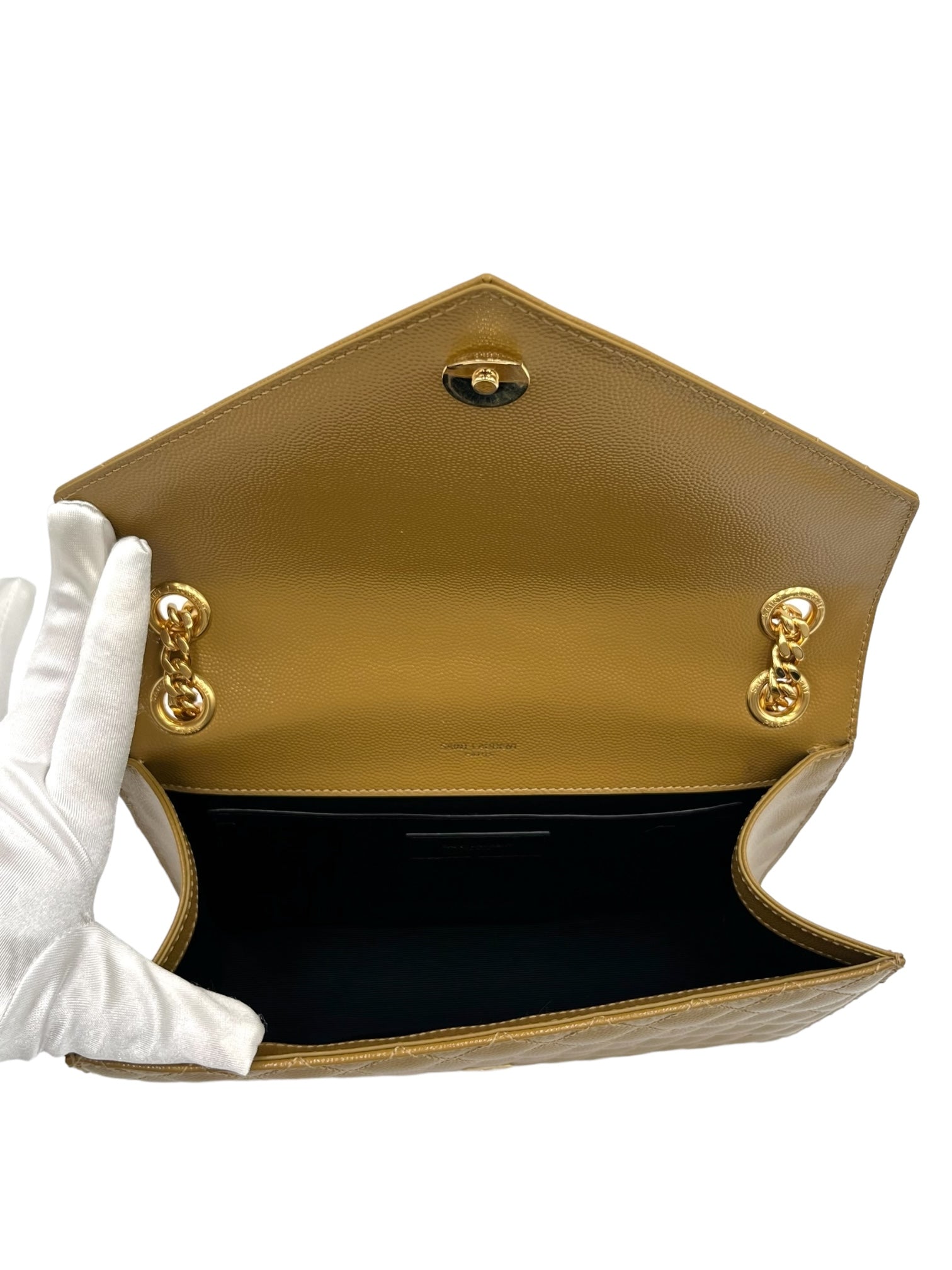 YSL MEDIUM QUILTED GRAIN DE POUDRE GOLDEN OLIVE GOLD HARDWARE