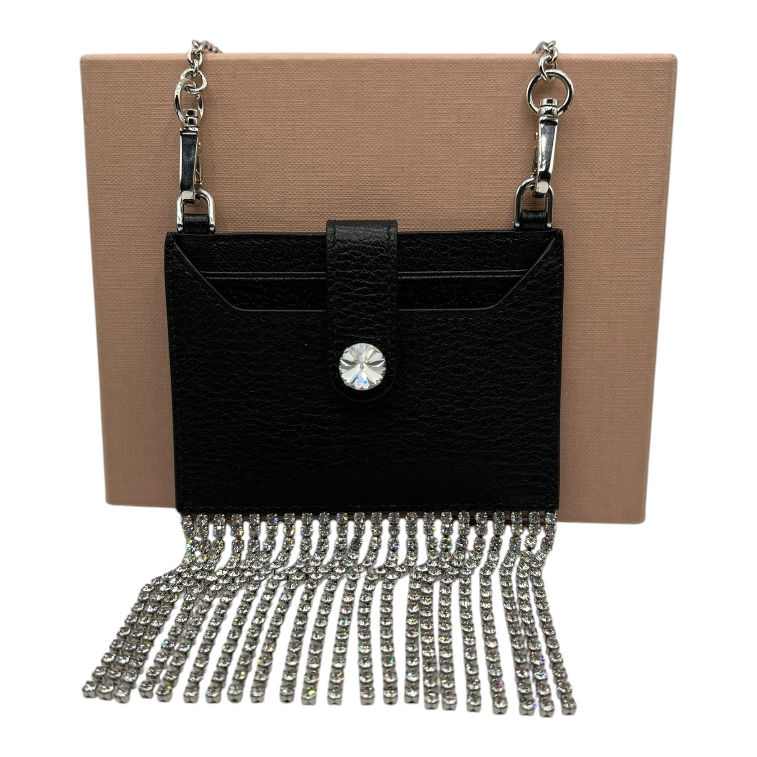 MIUMIU BLACK LEATHER CARD HOLDER CHAIN CROSSBODY