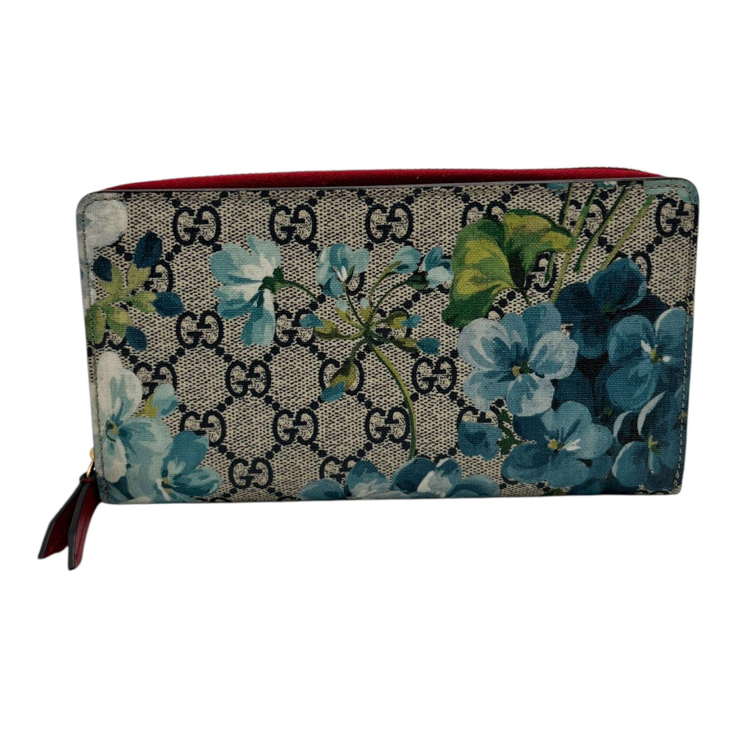GUCCI GG SUPREME MONOGRAM BLOOMS ZIP AROUND WALLET BLUE/RED