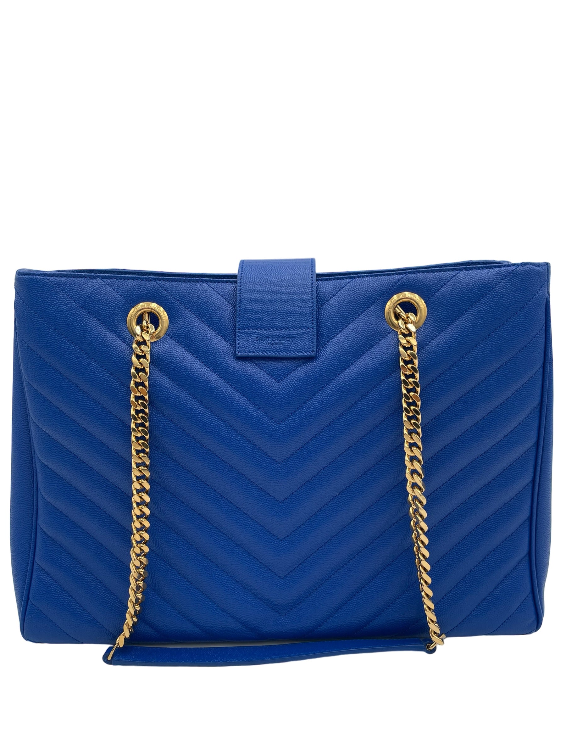 YSL SAINT LAURENT BLUE QUILTED GRAINED LEATHER MONOGRAM TOTE