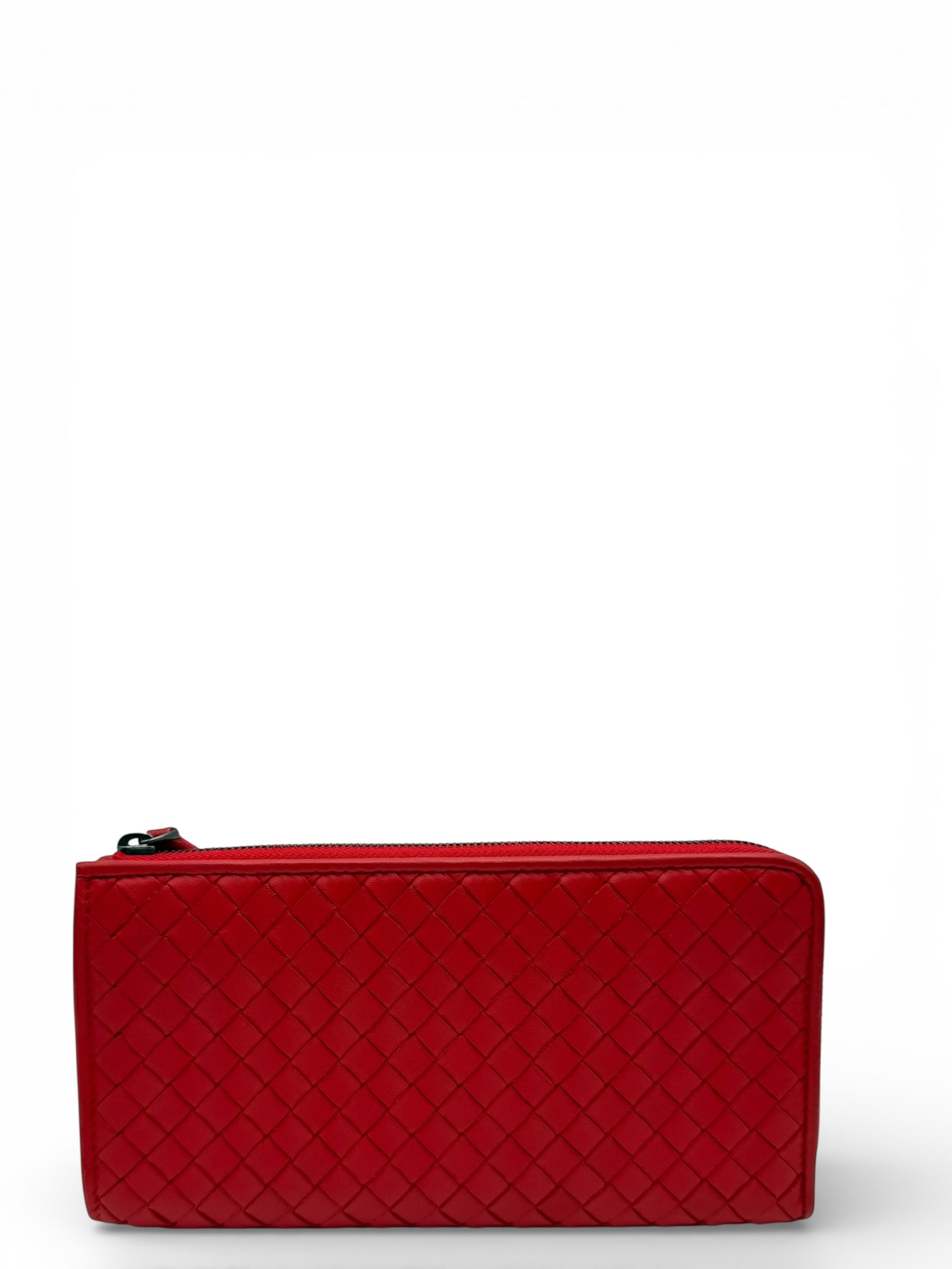 BOTTEGA VENETA RED INTECCIATO WOVEN NAPPA LEATHER ZIP ARROUND WALLET