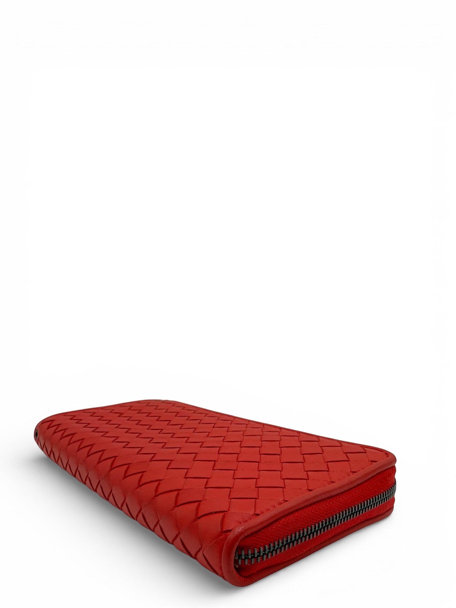 BOTTEGA VENETA RED INTECCIATO WOVEN NAPPA LEATHER ZIP ARROUND WALLET