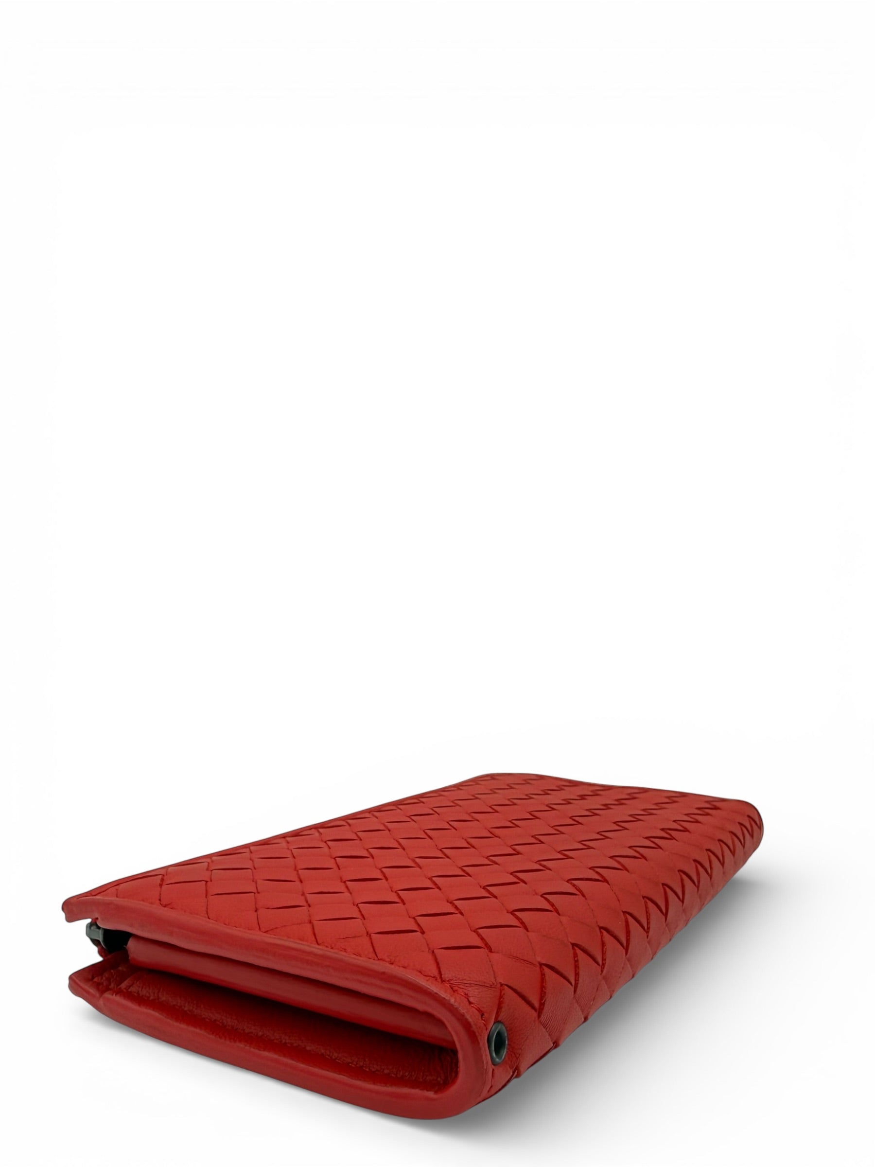BOTTEGA VENETA RED INTECCIATO WOVEN NAPPA LEATHER ZIP ARROUND WALLET