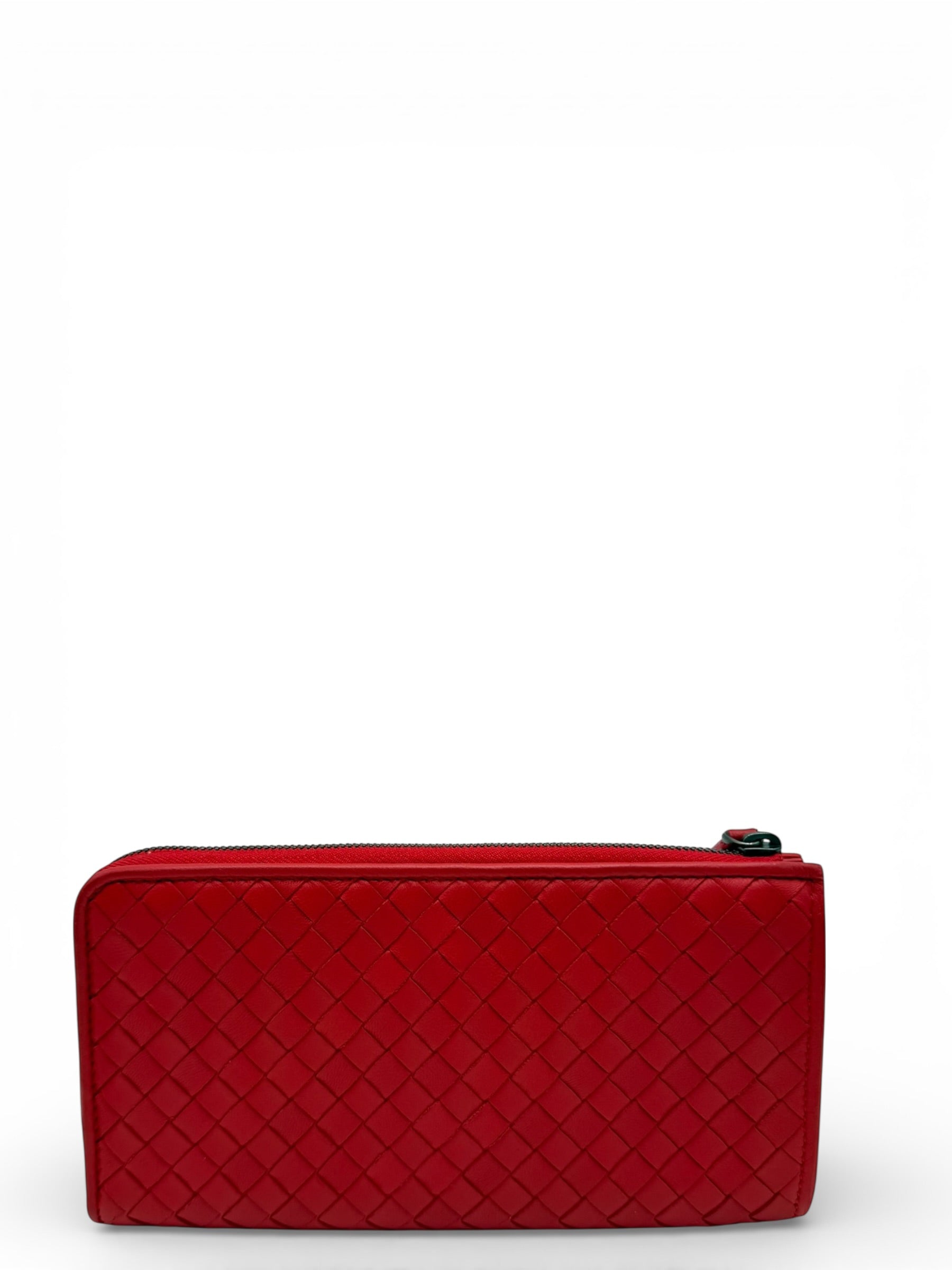 BOTTEGA VENETA RED INTECCIATO WOVEN NAPPA LEATHER ZIP ARROUND WALLET